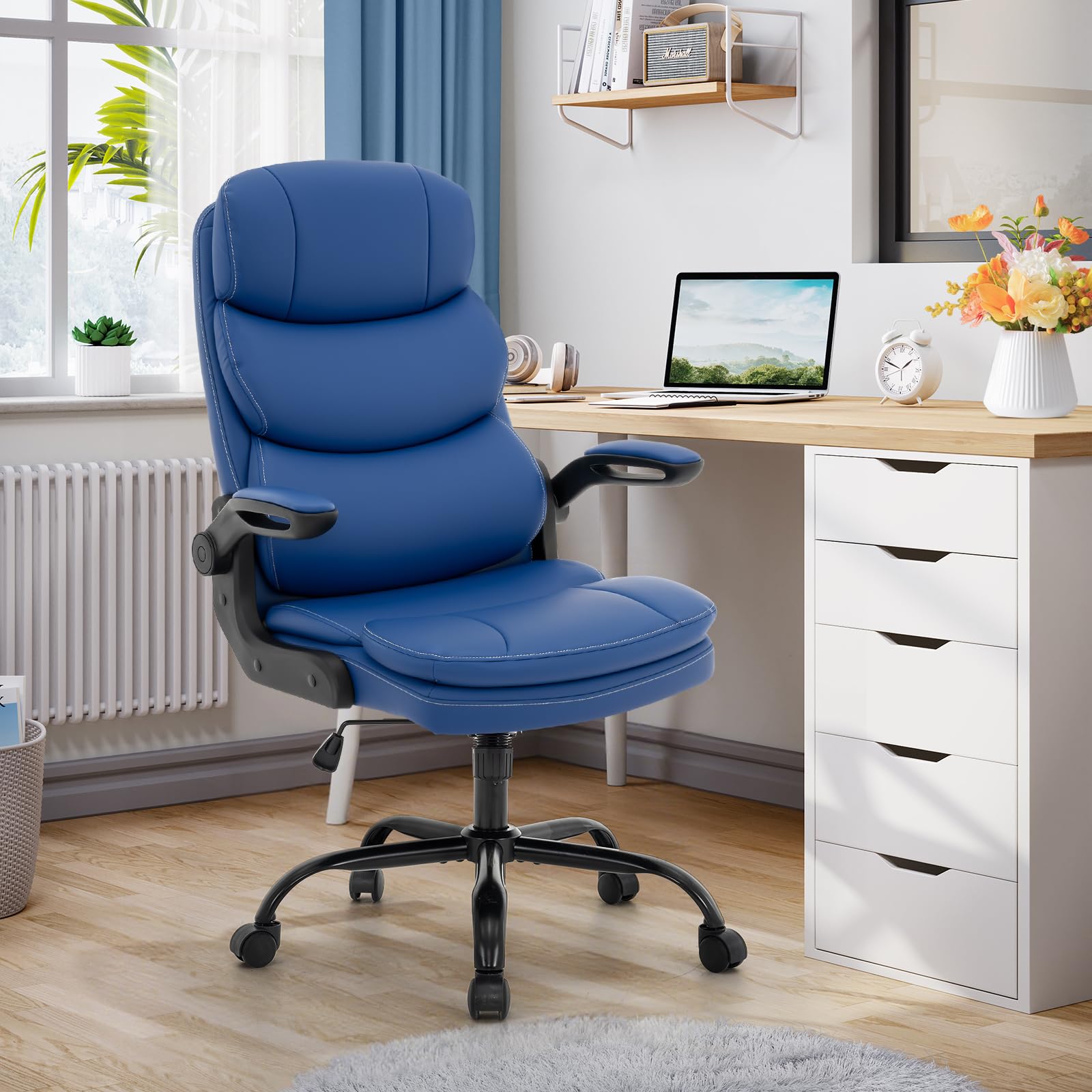 ergonomic office chair high back with lumbar support, pu leather executive desk chair, adjustable height & flip-up armrests, swivel rolling wheels for home office, computer gaming chair (blue)