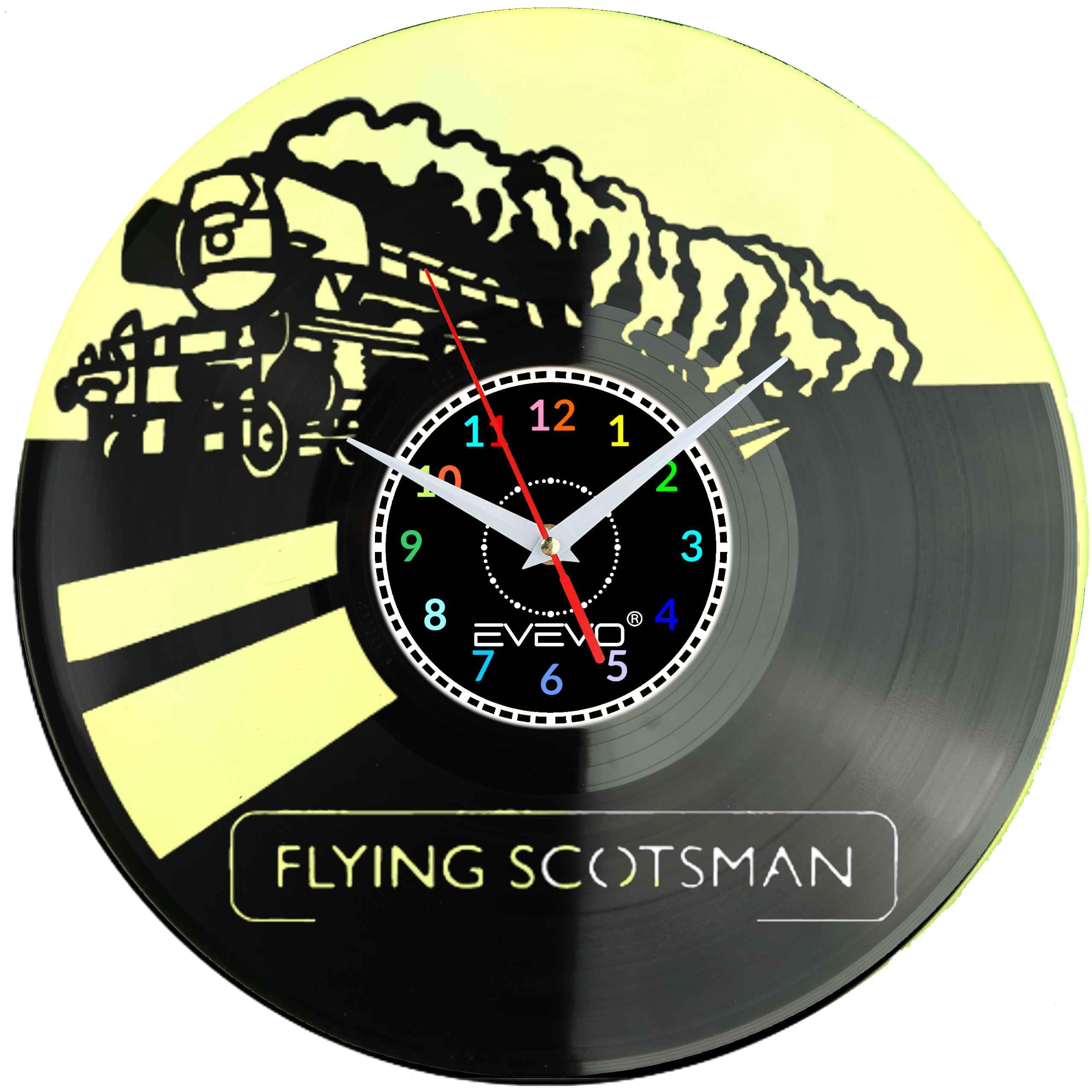 POCIĄG LOKOMOTYWA FLYING SCOTSMAN ZEGAR ŚCIENNY FLUORESCENCYJNE TŁO PŁYTA WINYLOWA PREZENT UPOMINEK URODZINY GIFT EVEVO F0053