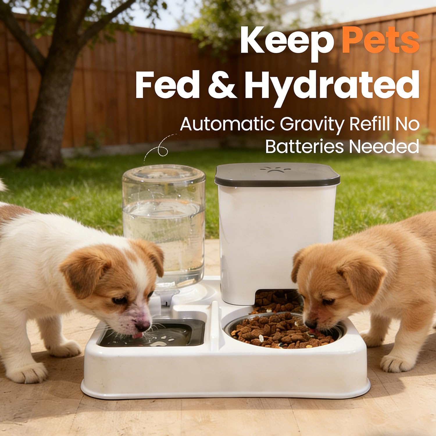 2-in-1 Automatischer Futter und Wasserspender für Haustiere, Abnehmbarer Futterstation, Katzenfutter Spender und Tränke mit Edelstahlschale, Futterspender für Katze und kleine Hunde (Grauweiß)