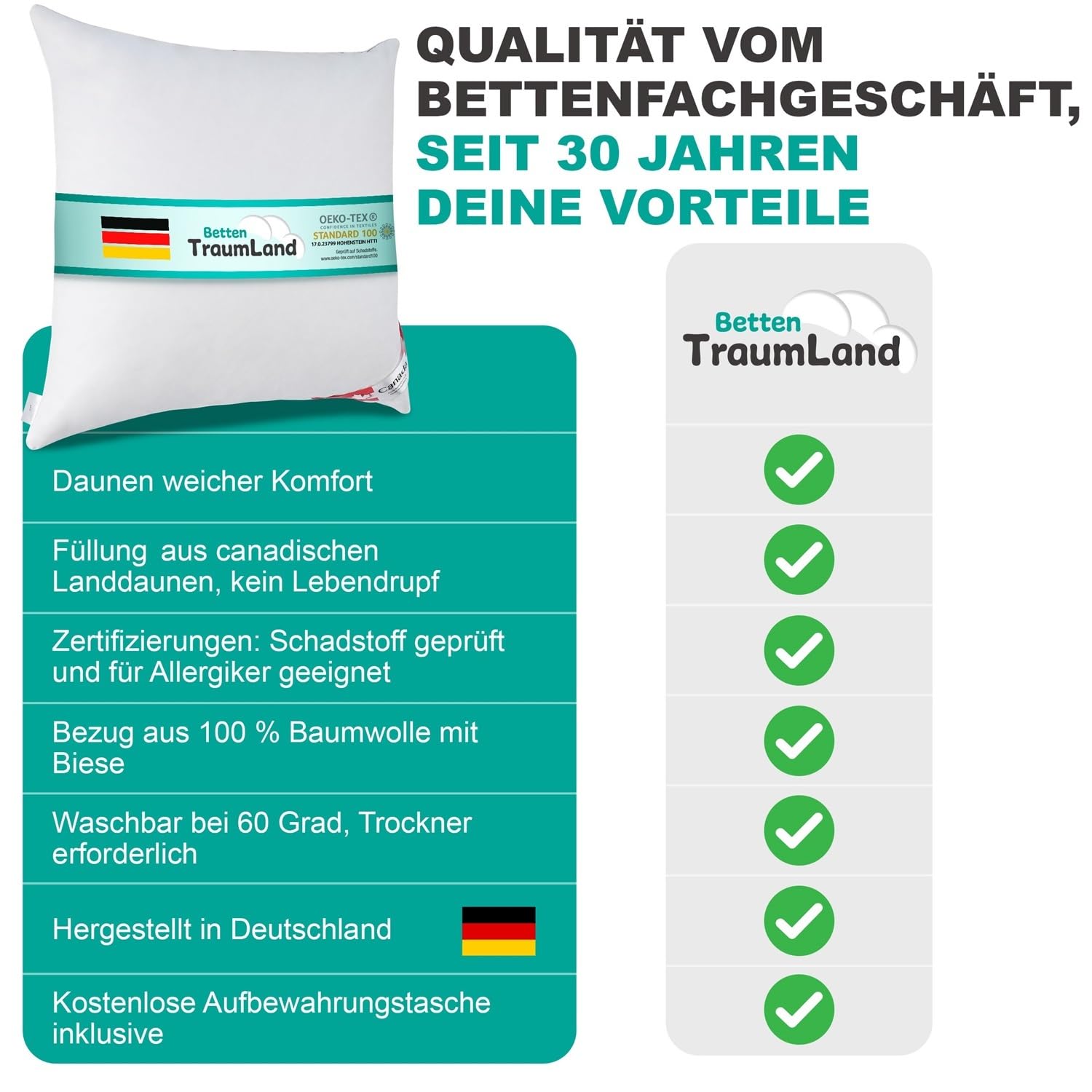 Bach's Betten Welt Canada Daunenkissen Kopfkissen Quattro 80x80 cm S extra weich 500g Daune (S extra weich Daune)