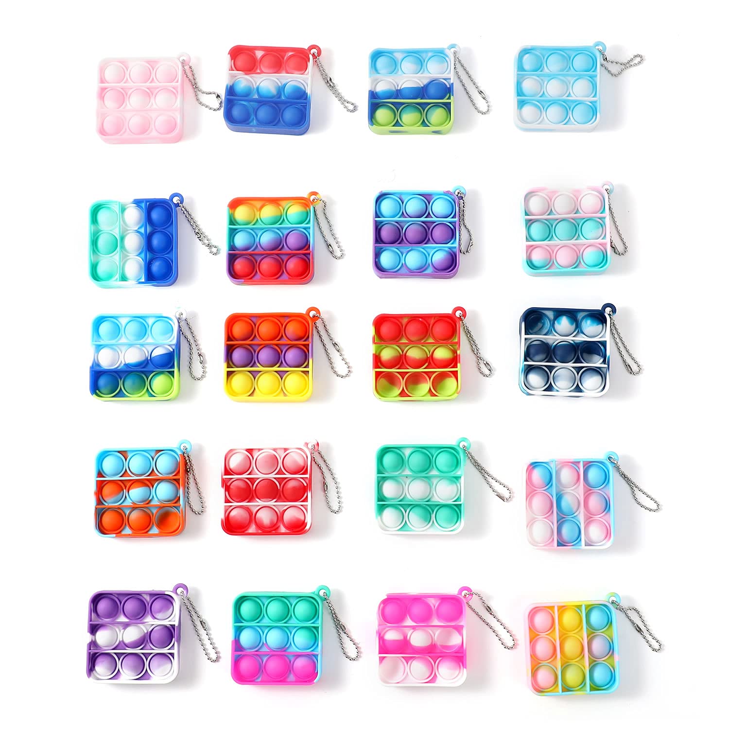 TEEGOMO 20 PCS Stress Relief Mini Pop Push it Bubble Fidget Sensory Keychain Toy for Kids Adults (Square)
