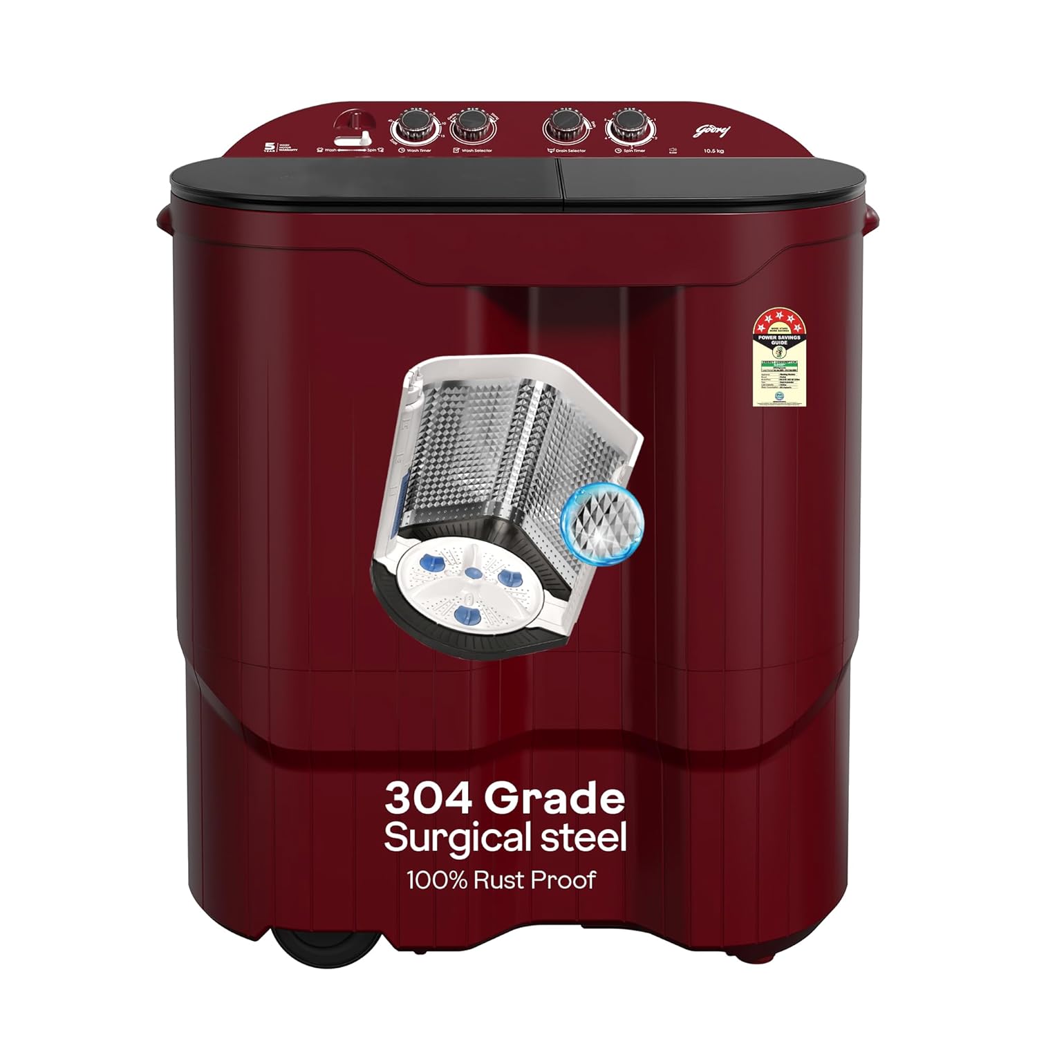 Godrej 10.5 Kg 5 Star Semi-Automatic Top Load Washing Machine With Toughened Glass Lid(WSEDGE JAZZ 105 5.0 DB3 M CSRD, Stainless Steel Drum, Drying at 1440 RPM Speed, Crystal Red)