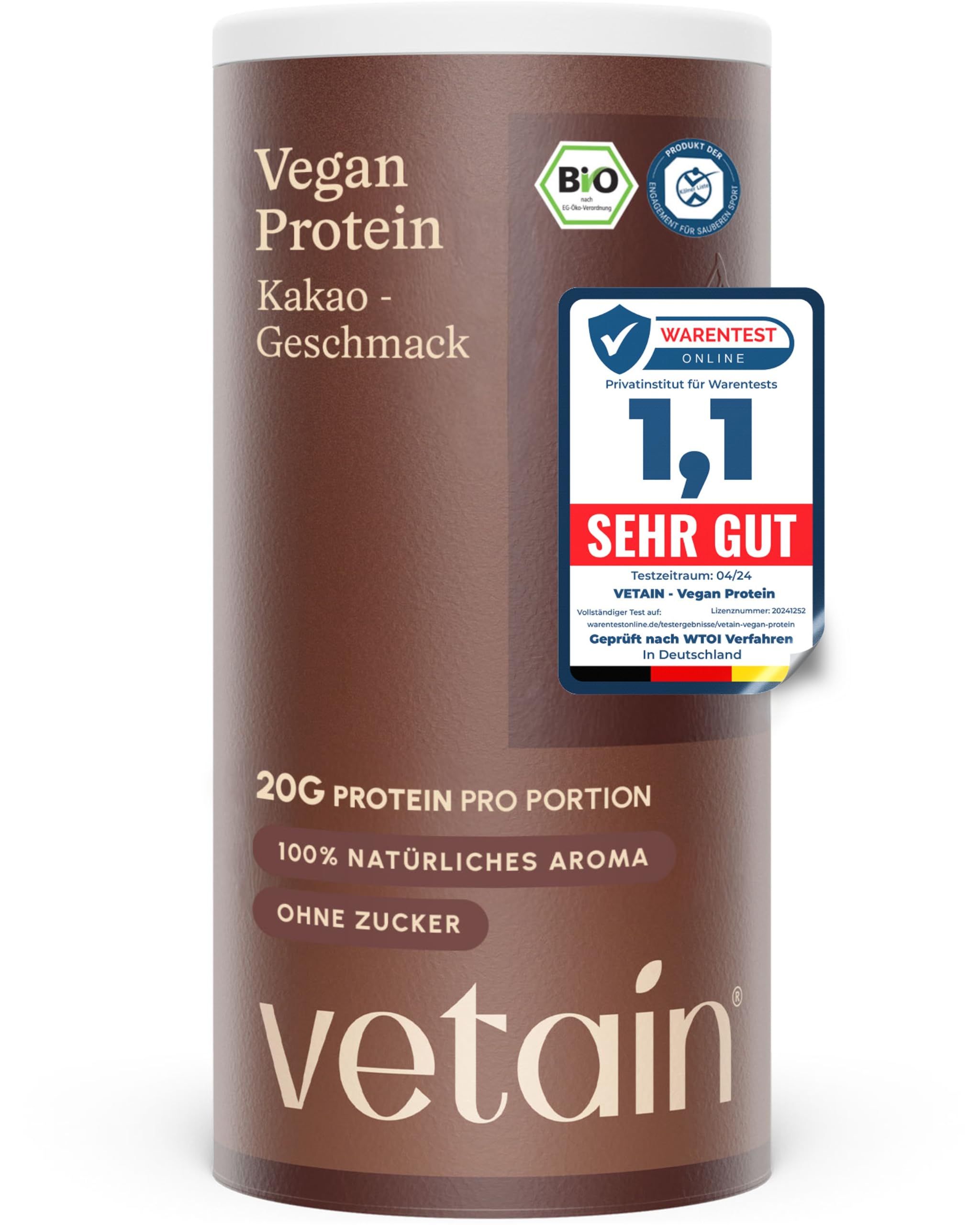 VETAIN Proteinpulver Vegan Kakao - 20g Eiweiß - Ohne künstliche Süßungsmittel - Bio Protein Pulver - 4 Proteinquellen fermentiert Erbsen - Vollständiges EAA & BCAA - 540g - NEUE REZEPTUR