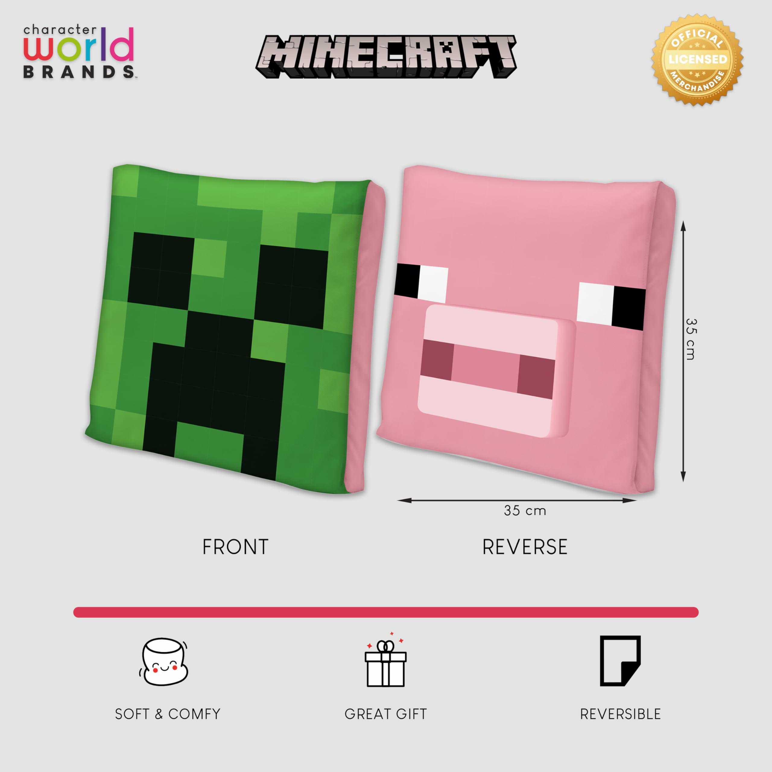 Cuscino quadrato Minecraft Vibes con licenza ufficiale, super morbido, reversibile, 2 lati, perfetto per qualsiasi camera da letto, divano o sul letto, 35 cm x 35 cm.