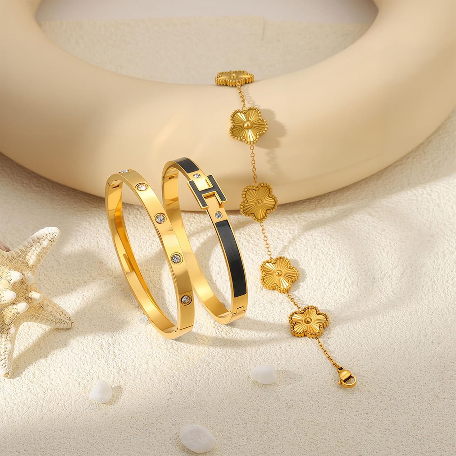 Gold Clover Bracelets for Women - 18K Gold Plated Stainless Steel Dainty H Bangle Bracelets| Daily & Party Wear Jewelry, Easter Christmas Mothers Day Gifts - Image 7