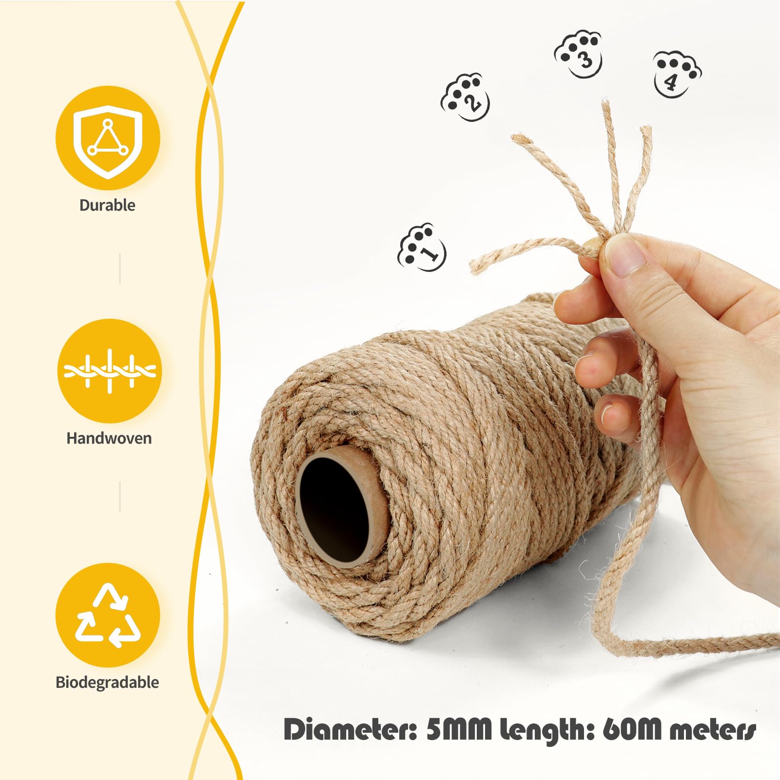 60m Natural Sisal Rope for Cat Scratching Posts - 5mm Thick, Durable & Eco-Friendly, 5 mm x 60 m - Image 2