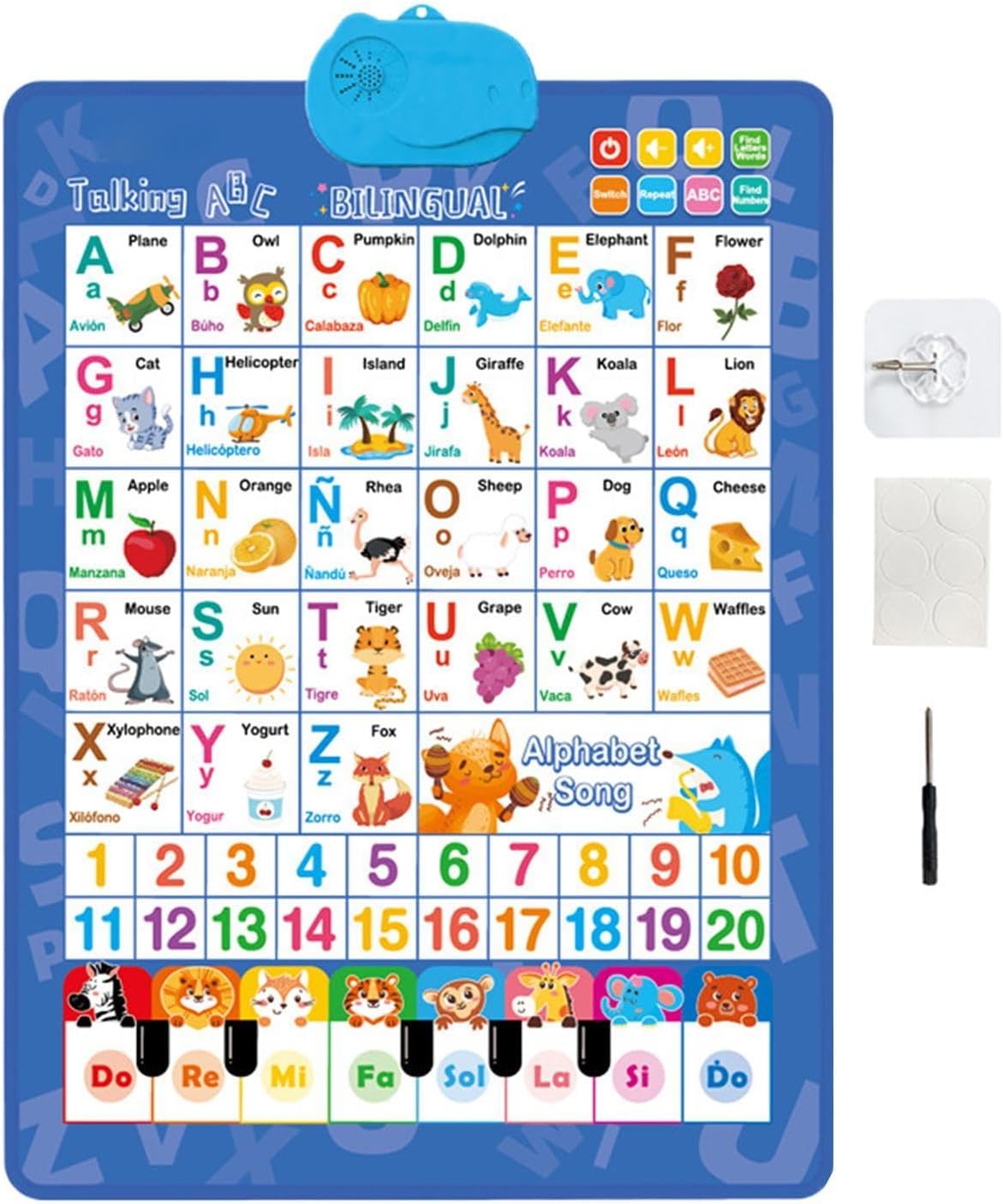 Electronic Alphabet Wall Chart - Interactive Alphabet Numbers Toy - English & Spanish Learning Poster with Music,for Age 1-6 Kids Boys Girls Preschool Birthday Classroom Parties Christmas Easter