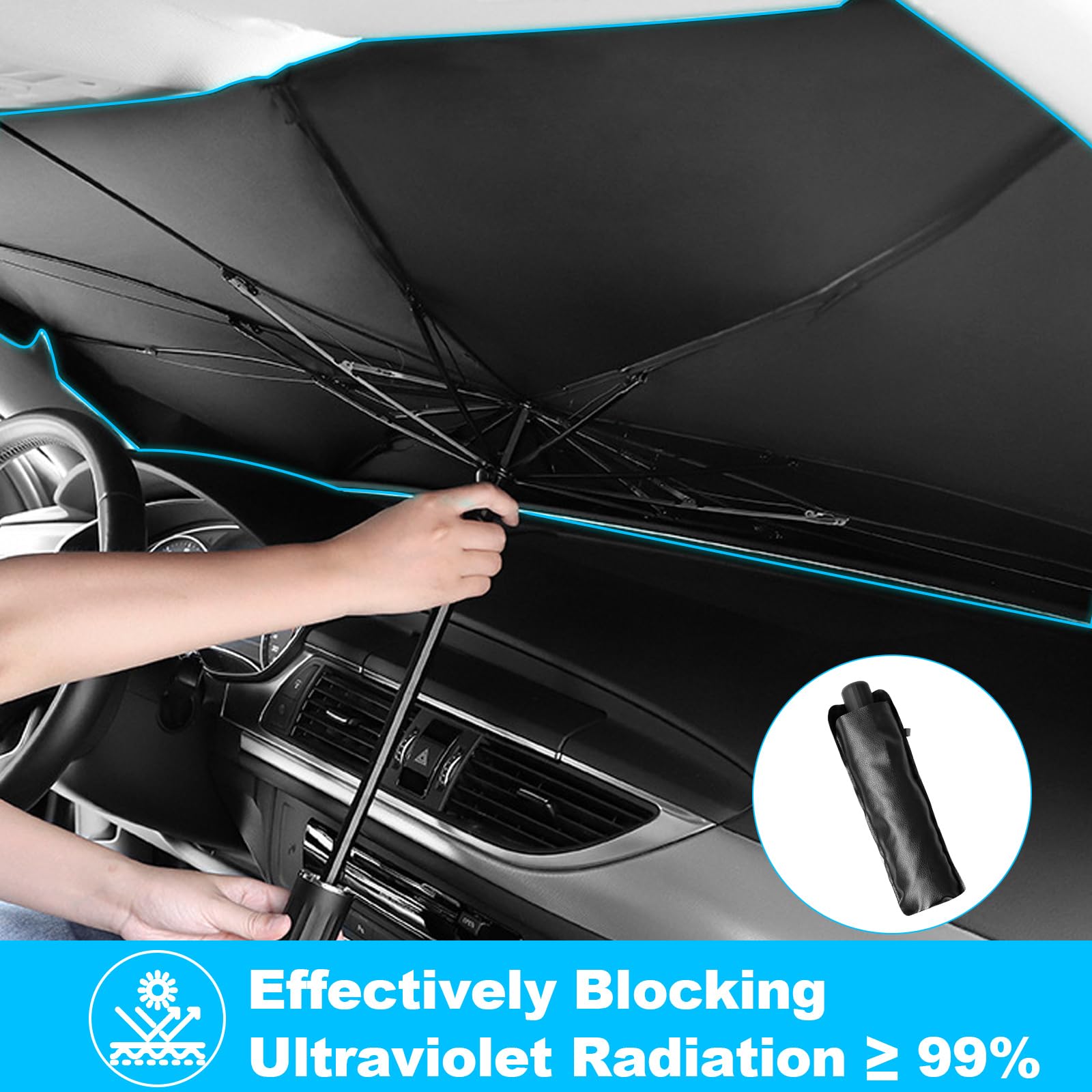 Tragbare Auto-Sonnenblende / Regenschirm Für Frontscheibe - Faltbar, 125x75cm, Schwarz