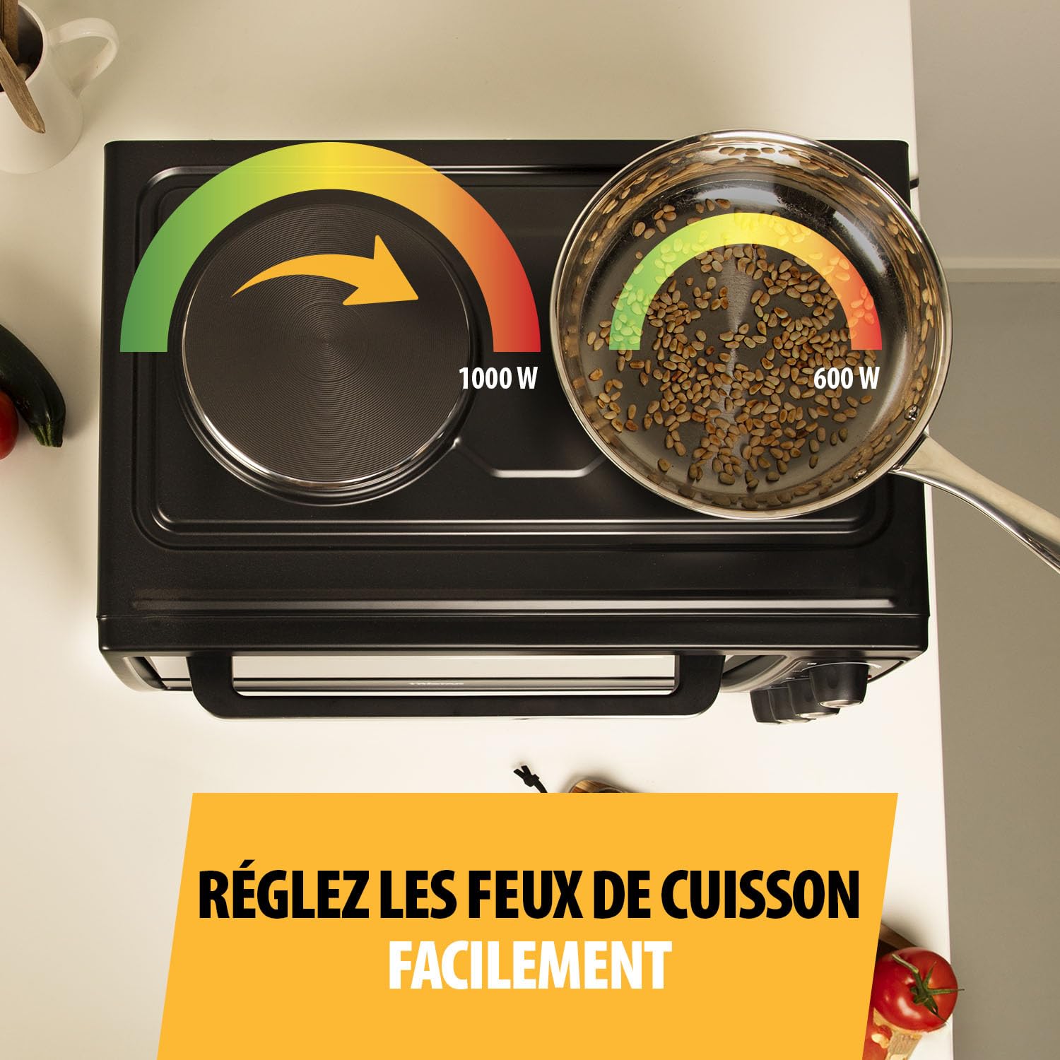 Tristar Four à convection avec 2 plaques chauffantes, Capacité : 38 L, 3100 W, Plaque de cuisson et gril, 90-230 ⁰C, adapté pour le camping, OV-1442, Noir
