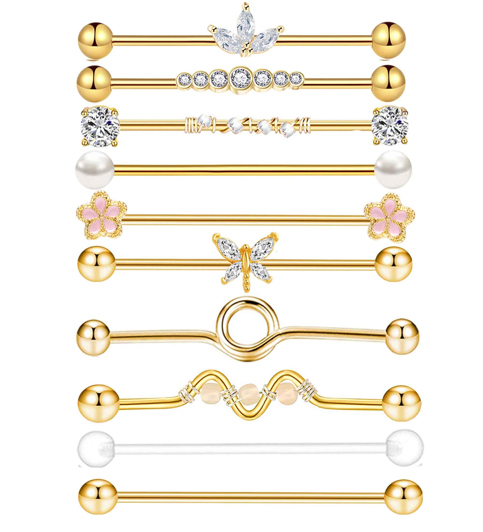 TIANCI FBYJS 14g Industrial Barbell Surgical Steel Cartilage Earrings CZ Industrial Earring Crystal Ferido Industrail Piercing 1 1/2"(38mm) Bar Length