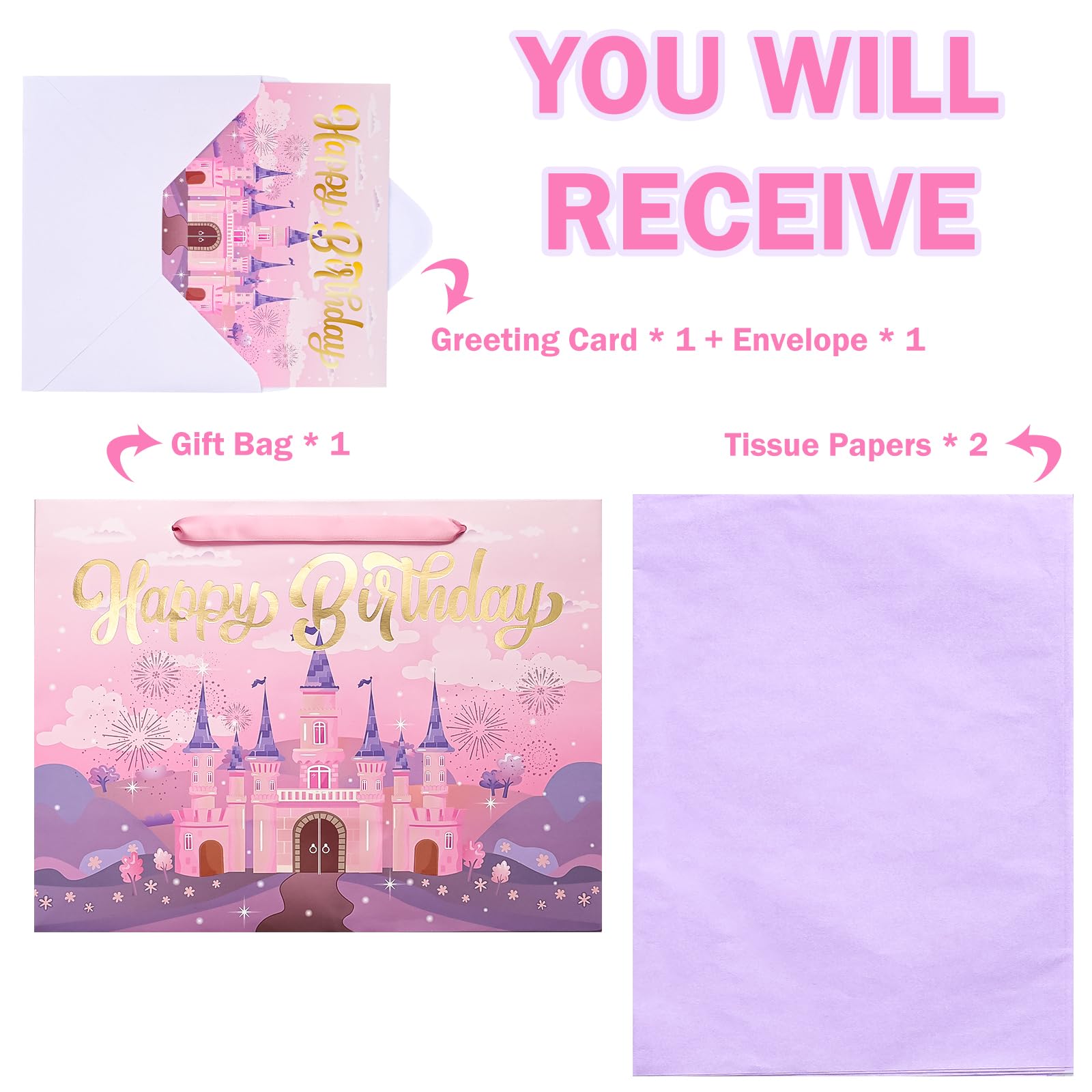 WRAPAHOLIC 13" Princess Birthday Gift Bags with Tissue Paper and Card - Purple Castle Bags for Kids Girls Birthday Party Baby Shower Supplies