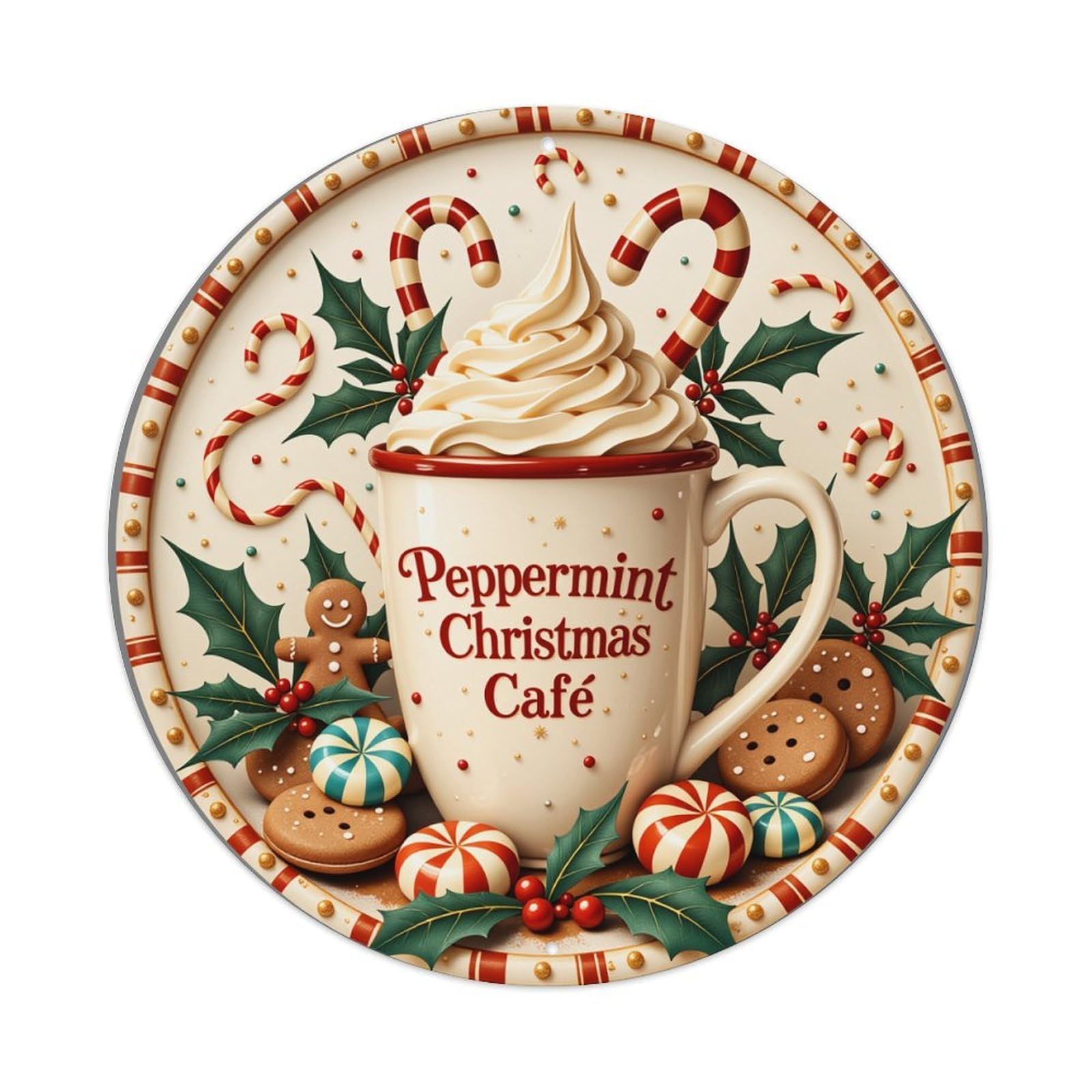 Peppermint Christmas Café Holiday Treats Round Tin Sign Retro Metal Sign for Cafe Bar Pub Home Game Room Gym Club Wall Decoration Vintage Metal Poster 8x8 Inch