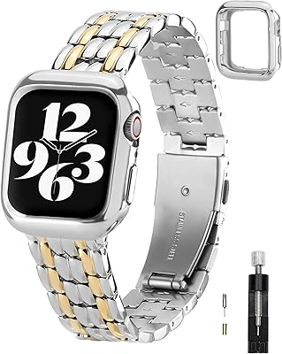 TISIMO Compatible with Apple Watch Band 38mm 40mm 41mm 42mm 44mm 45mm for Women,Stainless Steel Metal iWatch Band with Case for Apple Watch Series 8/7/6/5/4/3/2/1/SE/SE2,(38mm 40mm 41mm,Silver Gold)