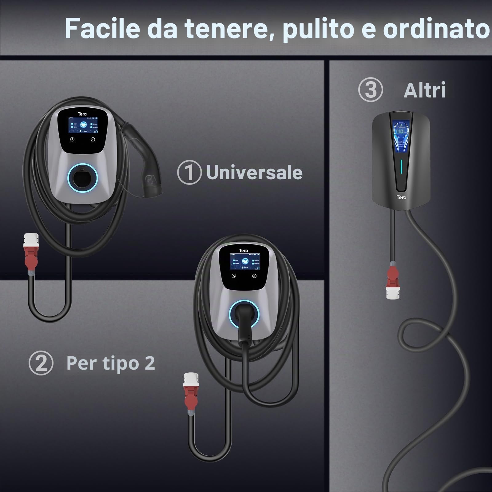 Tera EV Caricabatterie con Smart App 32A Tipo 2 22kW 400V CE e TUV Wallbox Cavo di Ricarica 7 Metri Staffa Caricabatterie Controllo Applicazione&Spina trifase CEE - Argento W01