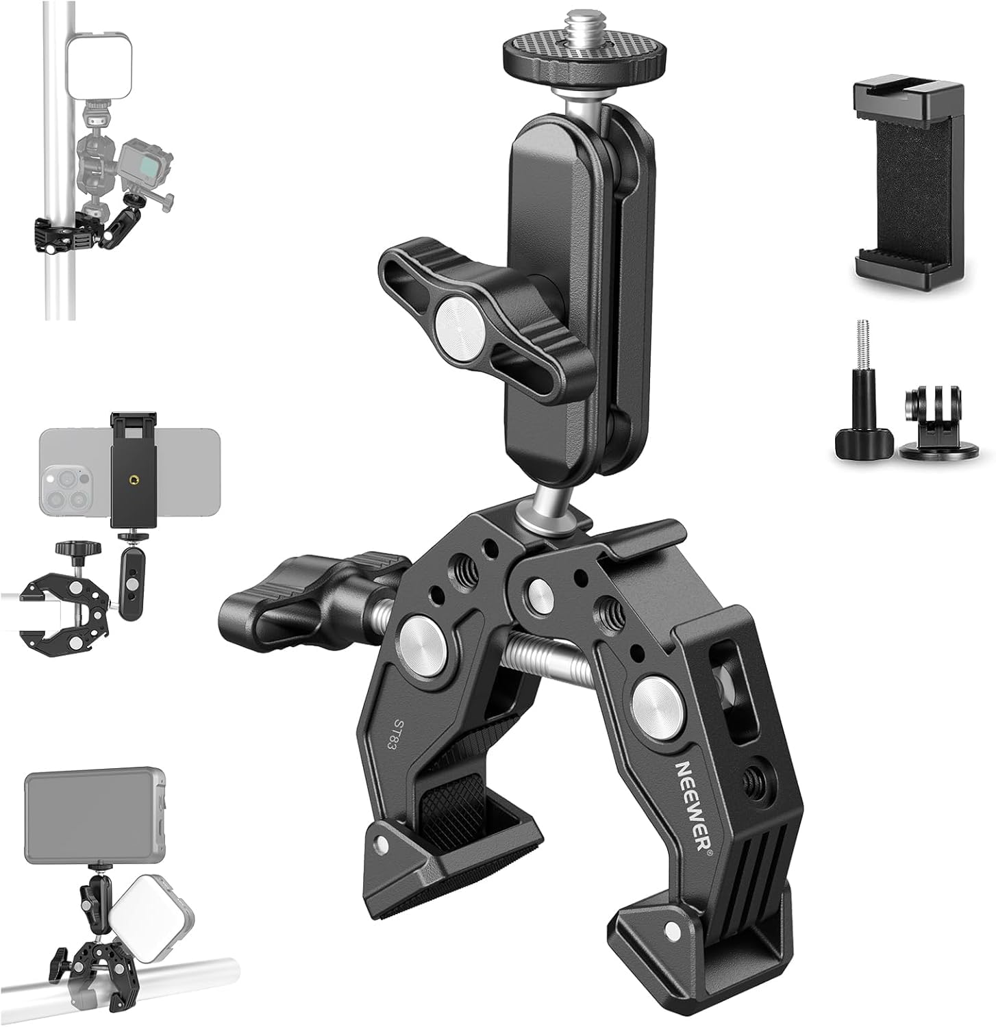 NEEWER Super Clamp con 3" Magic Arm a Doppia Testa Sferica, Cold Shoe, Filetto 1/4", Adattatore Telefono/Action Camera per Treppiede Tavolo Barra Aste Gimbal, Compatibili con SmallRig GoPro DJI, ST83