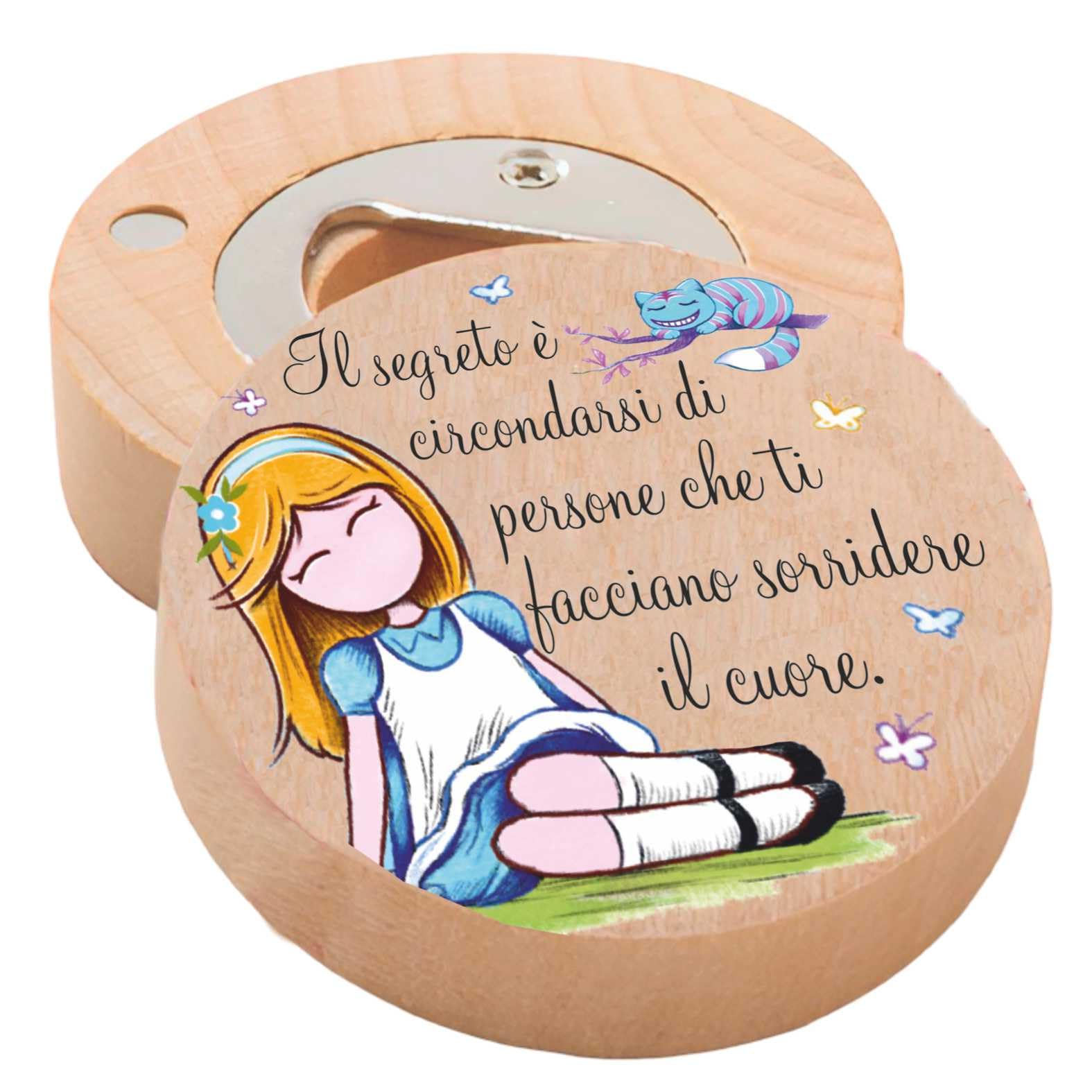 Regalami Set 6 Bomboniere Stappa Bottiglie Magnetico in Legno Confezione Completa con Scatola, Confetti e Biglietto (Alice)