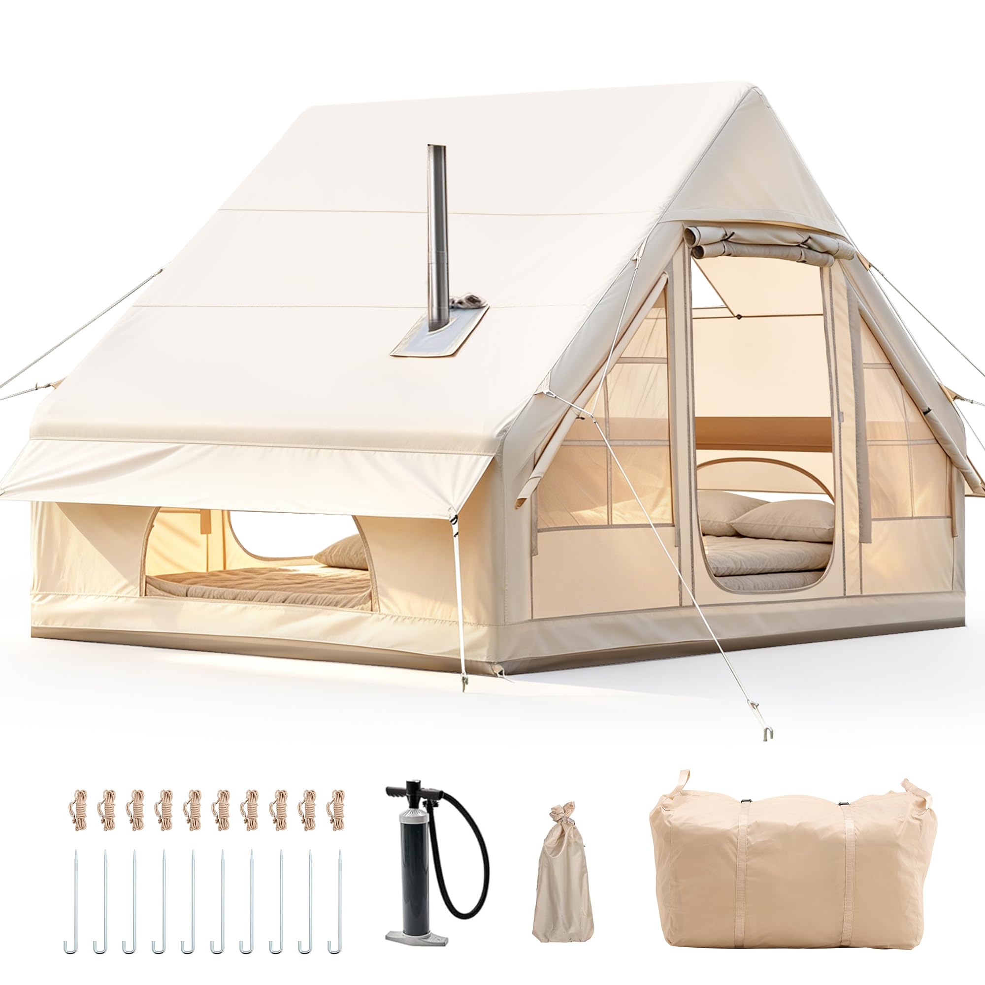 Tente Gonflable d'extérieur pour 2 à 4 Personnes avec Pompe à air et Sac de Transport - Tente Gonflable en Tissu Oxford imperméable - Montage Rapide - avec fenêtres et Portes en Filet