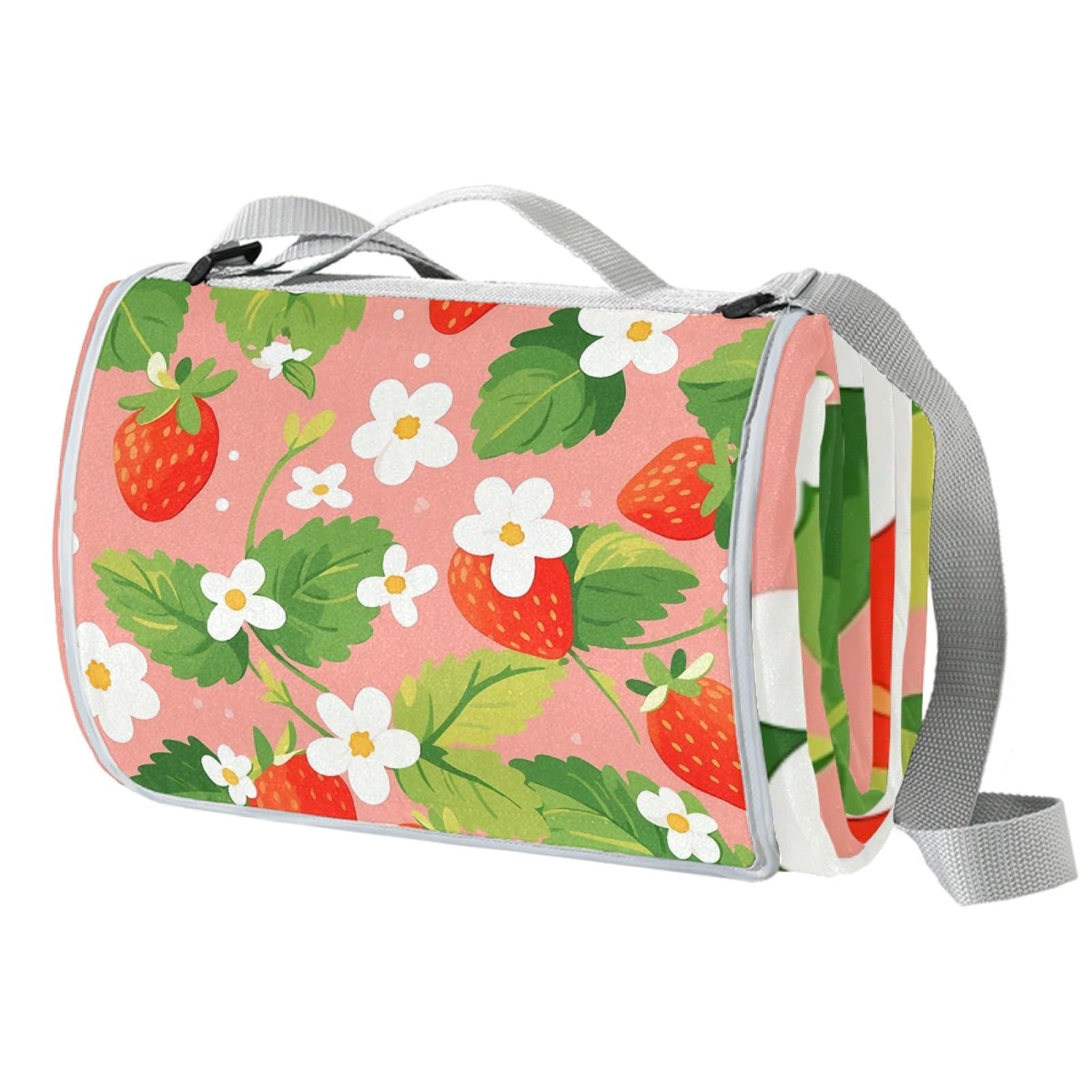 Picknickdecke, Erdbeeren, wasserdicht, Strandteppich, 150 x 145 cm, waschbar, leicht, mit Griff, für Wandern, Reisen, Outdoor, Camping