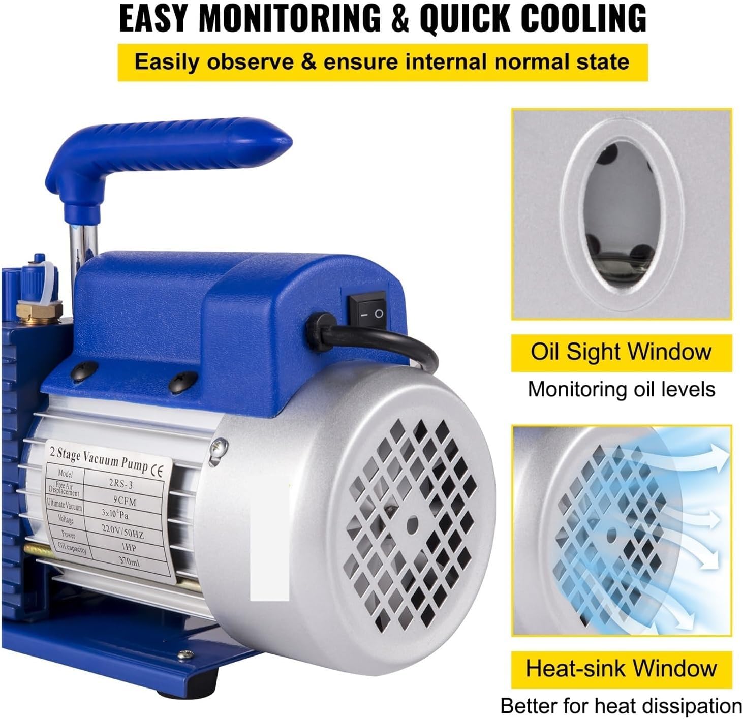 Pompa per vuoto a doppio stadio per impianti HVAC, portata 6-10 CFM, per condizionamento e refrigerazione. (6CFM1-2HP)