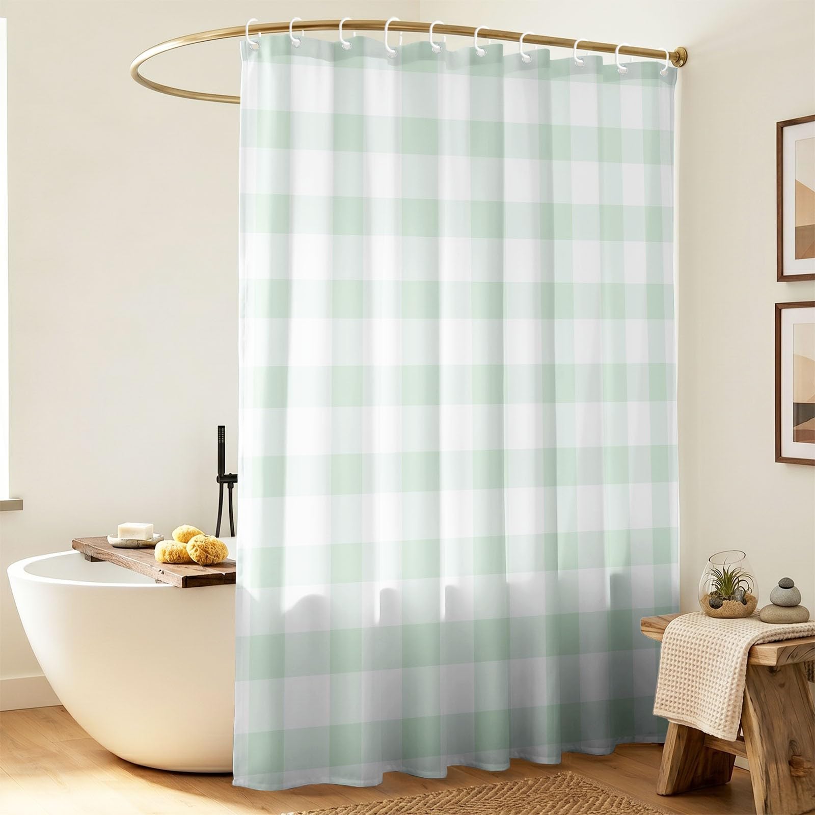 Rideau de Douche Moderne Minimaliste en Polyester imperméable et Lavable avec Crochets, 240 x 200 cm, Rideau de Salle de Bain Carreaux Campagne Carrés Vert Blanc Frais pour Salle de Bain