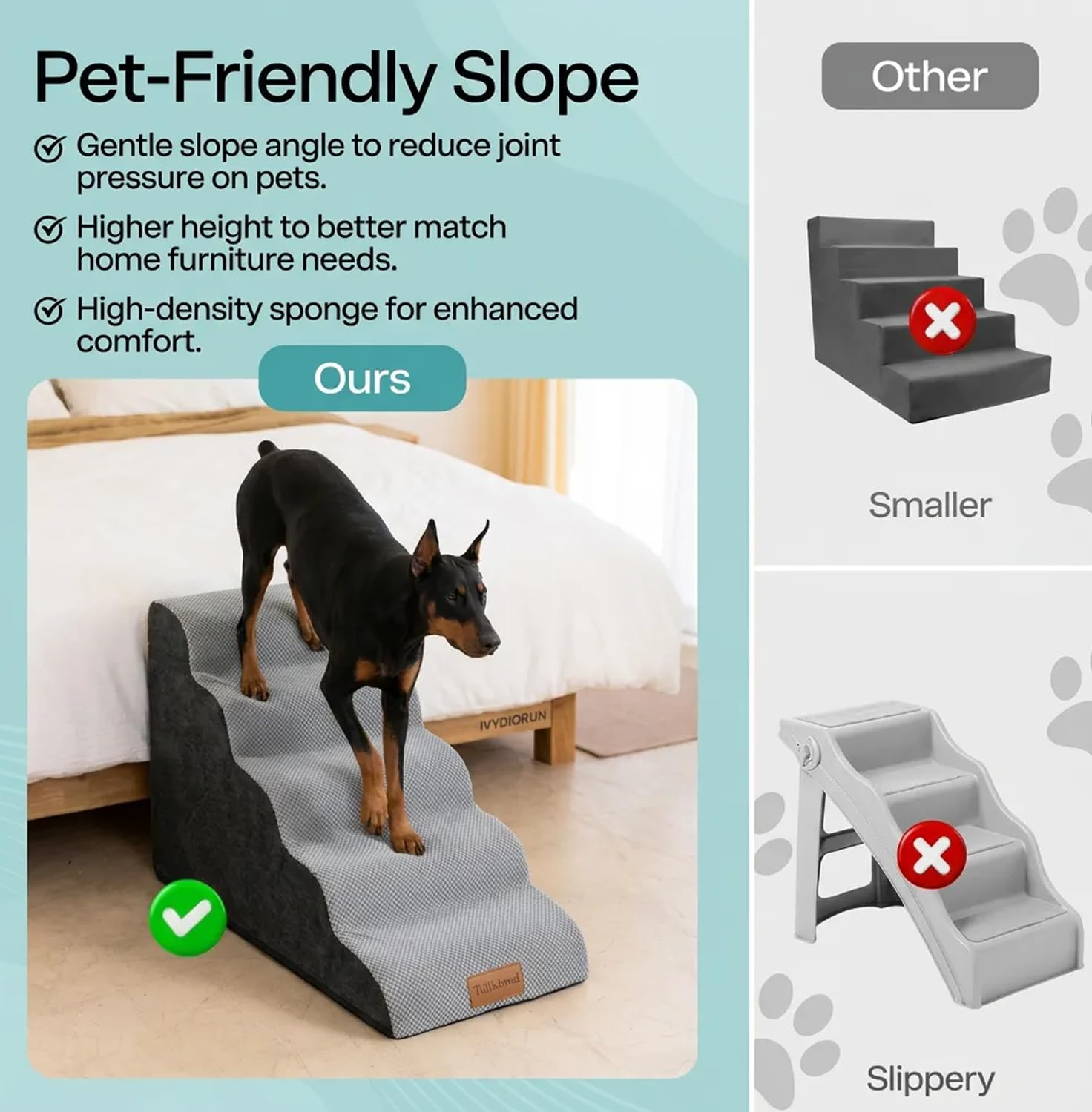 Breite Hundetreppe (62 cm hoch), 5 Stufen Tiertreppe aus hochdichtem Schaumstoff für kleine bis sehr große Hunde, rutschfeste Haustiertreppe mit waschbarem Bezug