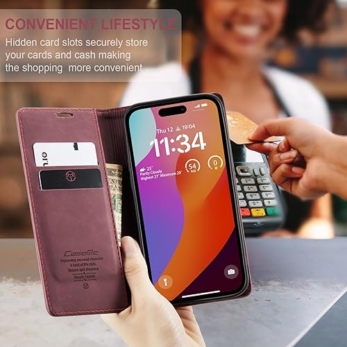 Miniatura 3 de SINIANL Funda de cuero para iPhone 15 Pro, cartera para iPhone 15 Pro, funda tipo cartera plegable con función atril magnética, ranuras para