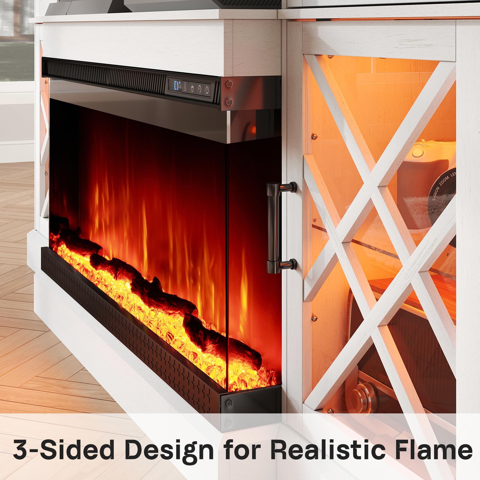 3-Sided Farmhouse LED Fireplace TV Stand, 70" Large Entertainment Center Glass Doors for TVs up to 80", Modern Wood Grain High-Gloss TV Storage Cabinet for Living Room, Antique White