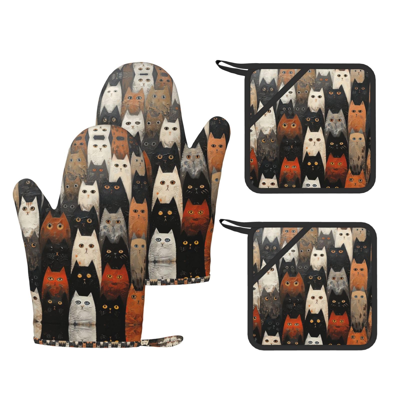 Cat Stylish Printed Kitchen Set Including Heat Resistant Gloves and Non-Slip Hot Pads for Cooking BBQ