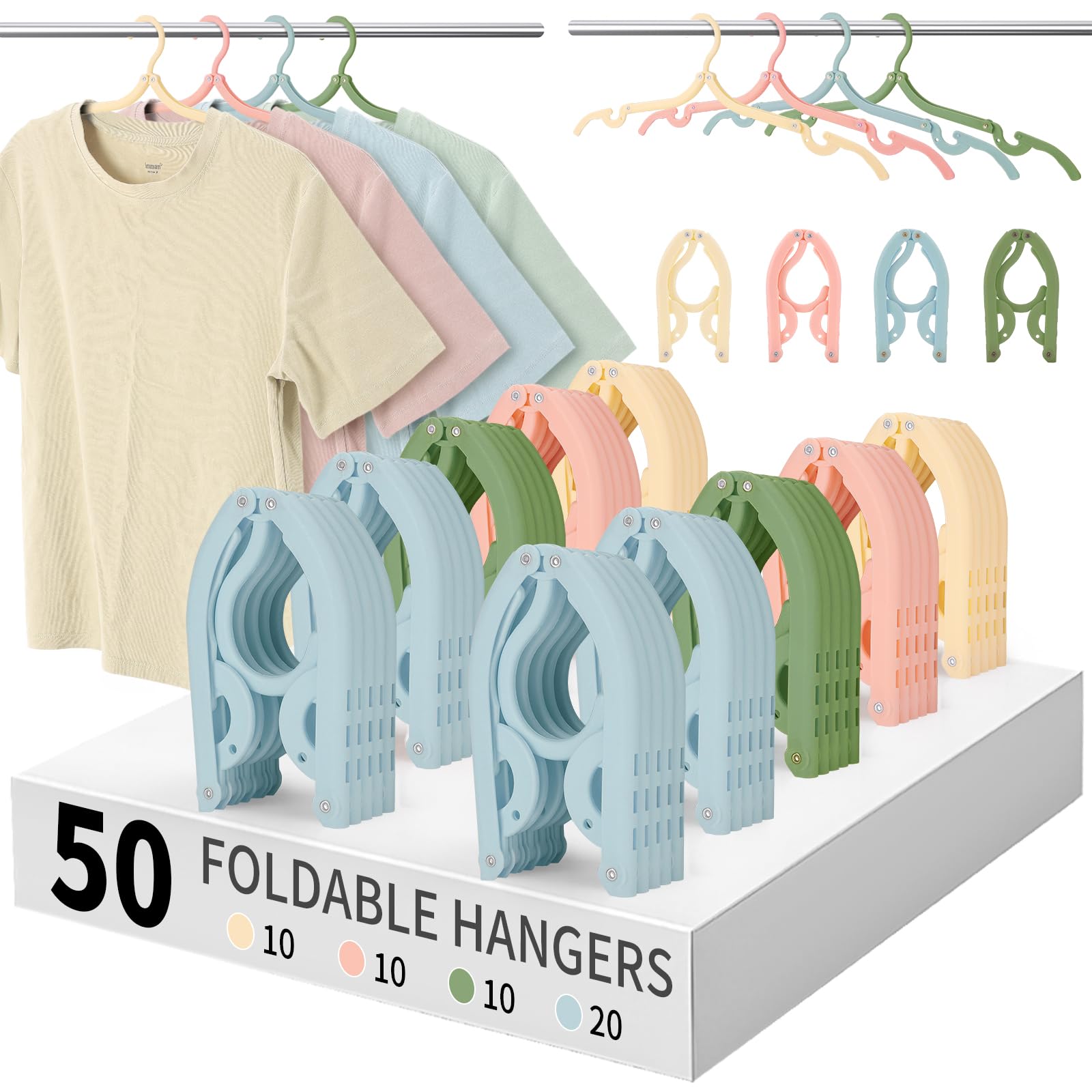 Actmuen Foldable Travel Hangers,50Pcs Portable Clothes Hangers for Cruise, Suitcases, Closets | 4-Color Lightweight Folding Hanger Set for Hotels, Business Trips, Vacation (Pink/Beige/Green/Blue)