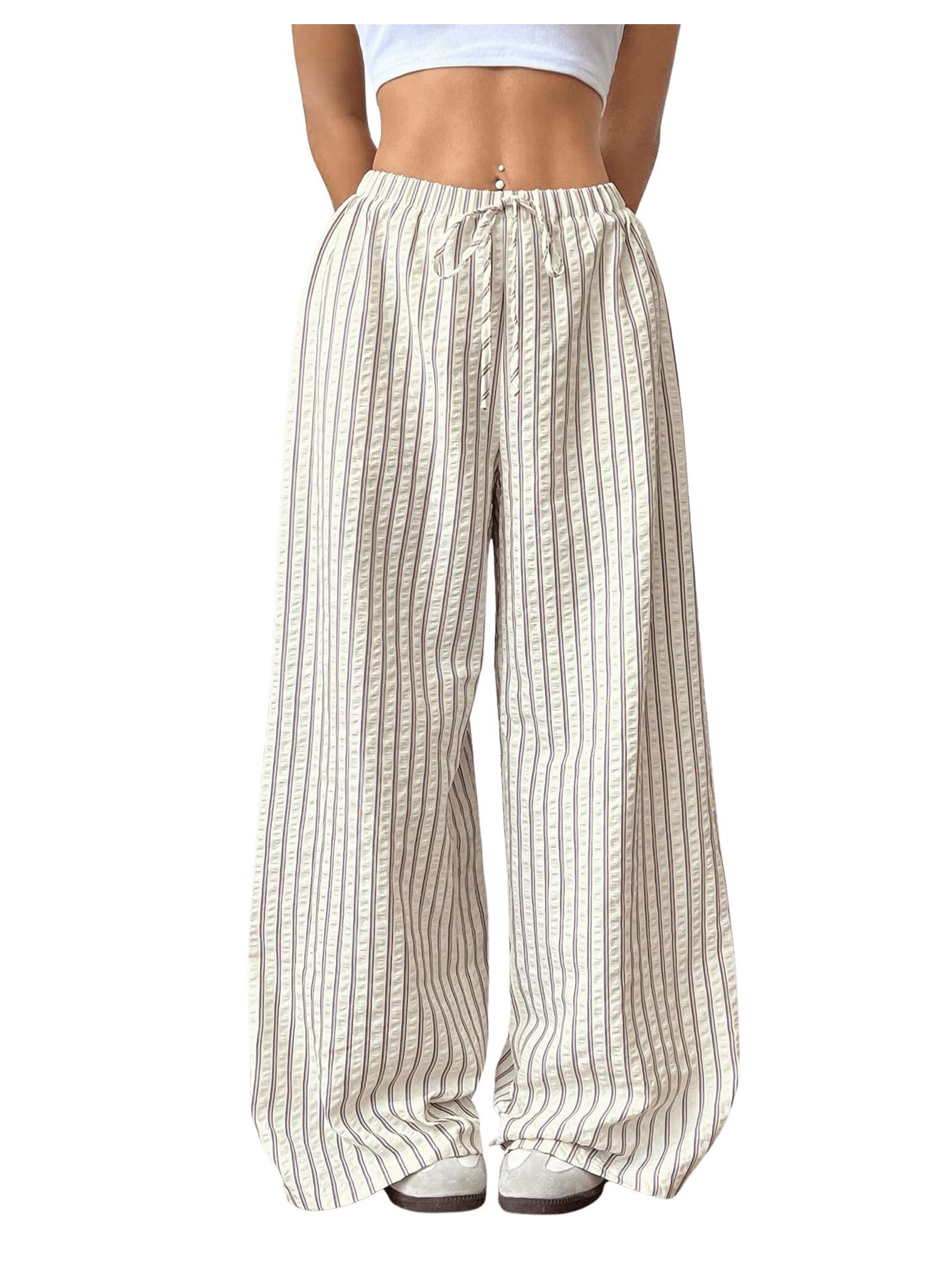 GORGLITTER Womens Striped Wide Leg Casual Pants Oversized Drawstring Waist Baggy Trousers