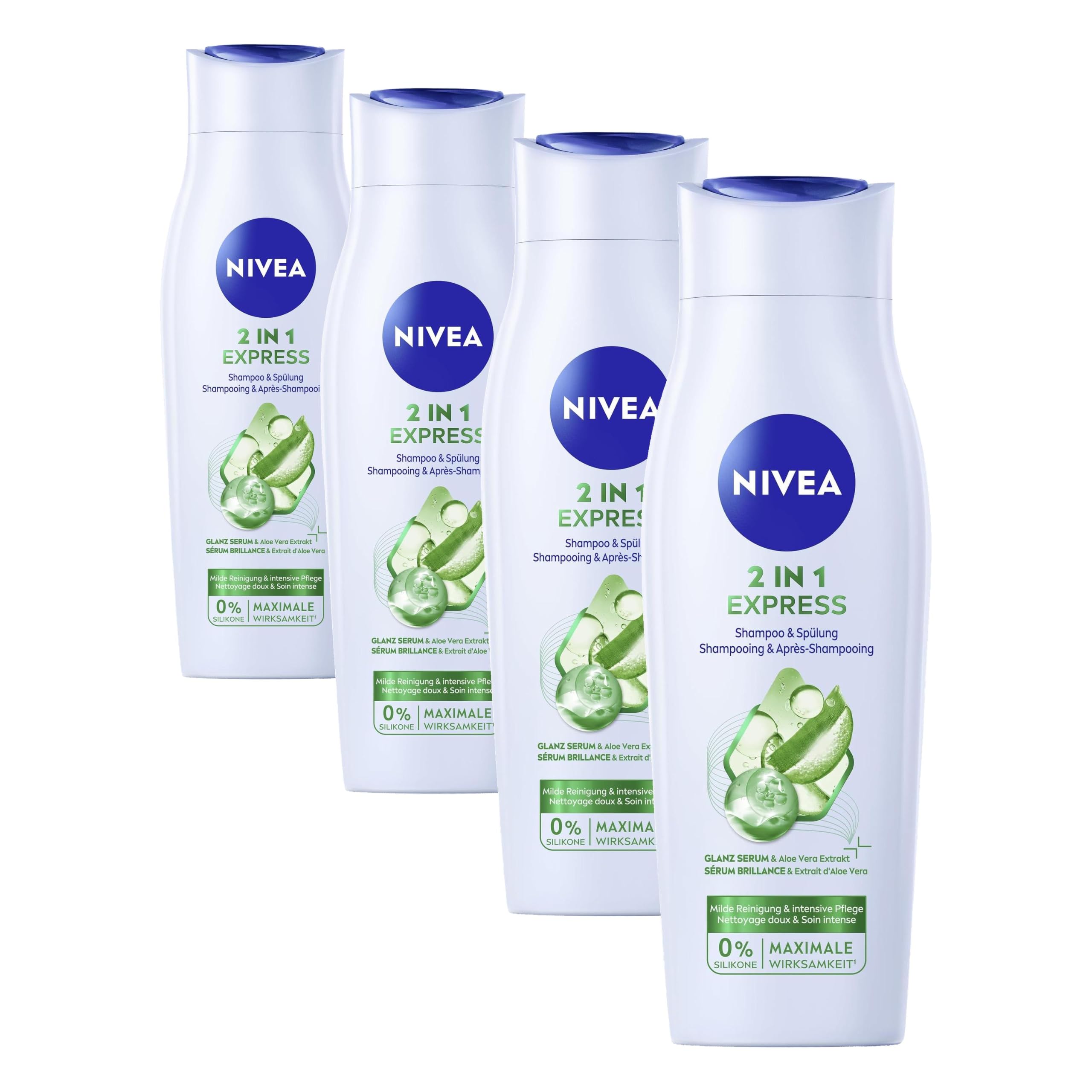 NIVEA Shampoo e balsamo 2 in 1 Express (250 ml), cura intensiva dei capelli con aloe vera e siero lucido, shampoo per capelli e balsamo per una cura rapida e semplice (Confezione da 4)