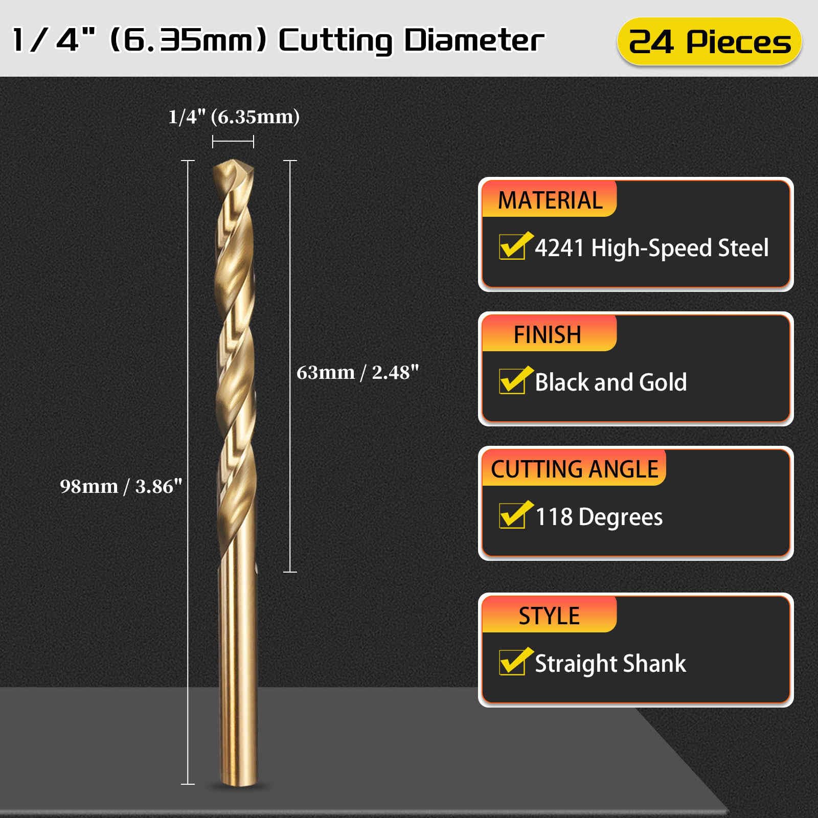 CoCud 6.4mm Drill Bit, 1/4" Cutting Diameter, 4241 HSS Black and Gold 118° Cutting Angle Versatile Jobber Bits - Image 2