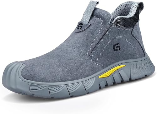 GLANOUDUN Welding Work Boots for Men - Grey Mid-Cut Slip on Steel Toe Shoes - In