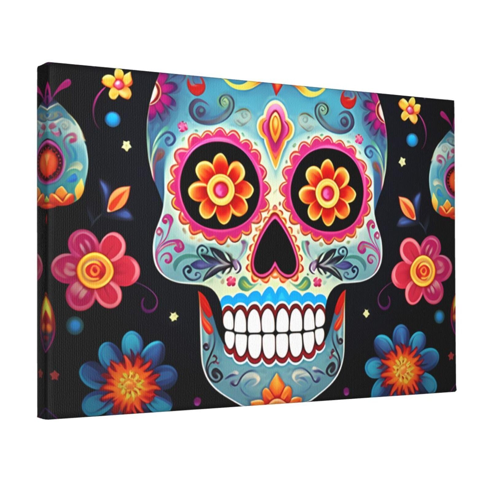 KLOPH Sugar Skulls Canvas Wall Art for Living Room 12"x18" Modern Artwork Painting for Bathroom Hanging Canvas Prints Aesthetic Wallart for Bedroom Kitchen Office Wall Decor
