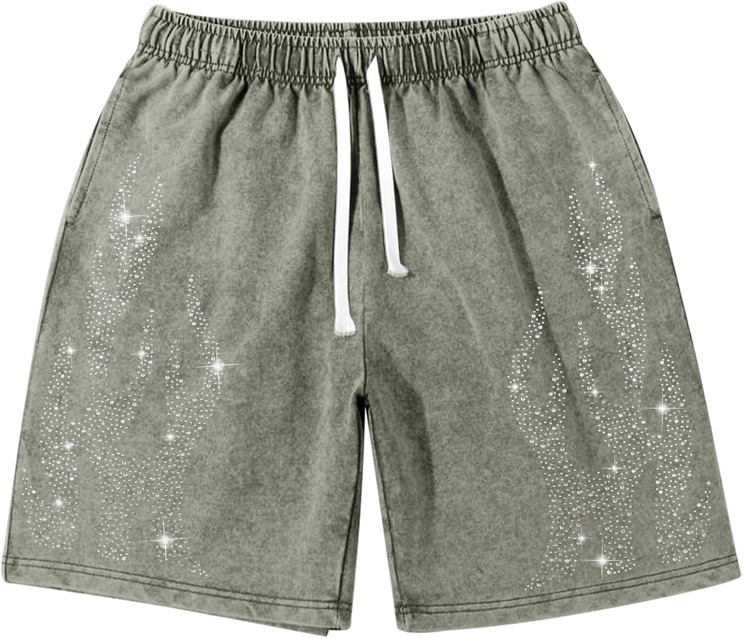 BeWithYou Flame Graphic Rhinestone Shorts Men Y2k Vintage Acid Wash Drawstring Baggy Streetwear Casual Shorts with Pockets