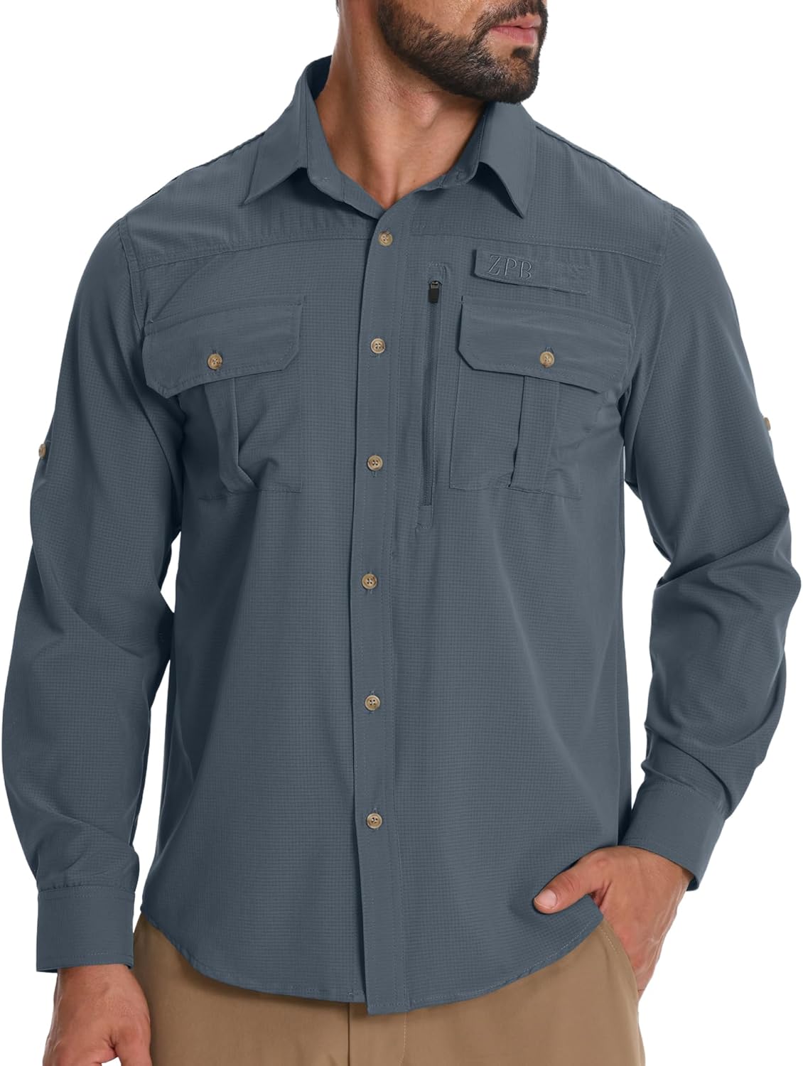 Men's Fishing Shirts with Zipper Pockets Sun Protection UPF 50+ Quick Dry Long Sleeve Hiking Shirt for Travel Safari
