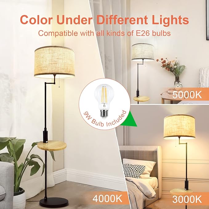 DINGLILIGHTING DLLT Living Room LED Floor Lamp- Standing Accent Light with USB Charging Port, Energy Saving, Tall Pole Lighting with Beside Table, Mid Century Contemporary Rooms Lamps, E26 Warm Lights,Fabric Shade photo 3