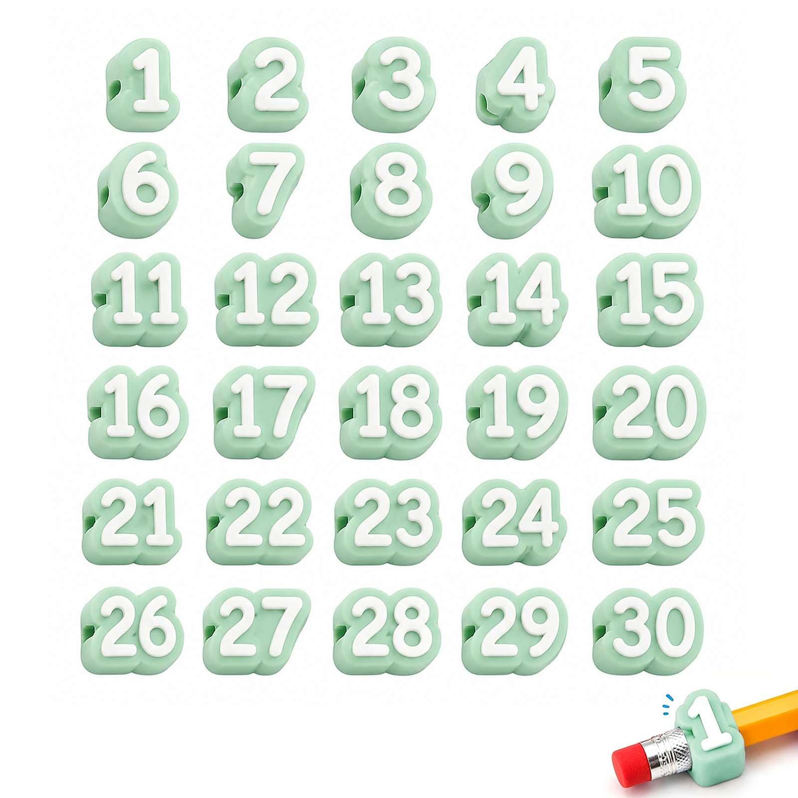 Numbered Pencil Toppers, Reusable Classroom Pencil Labels for Teachers, Cute Pencils Tracking Markers for Supply Stations, School Organization and Classroom Management (Green 1-30)