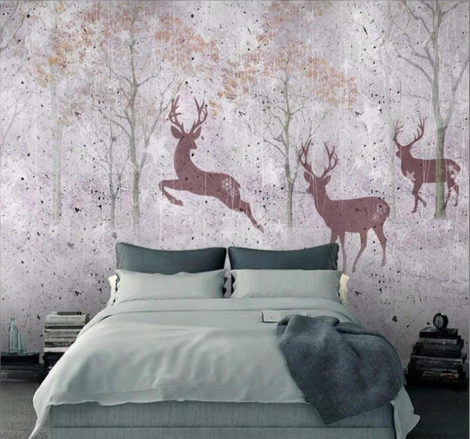 XLMING Retro Hand Drawn Reindeer Forest Landscape 3D Wallpaper Luxury Silk Study Dining Feature Sofa Grey Bedroom Living Room Tv Decorative Wall-400cm×280cm