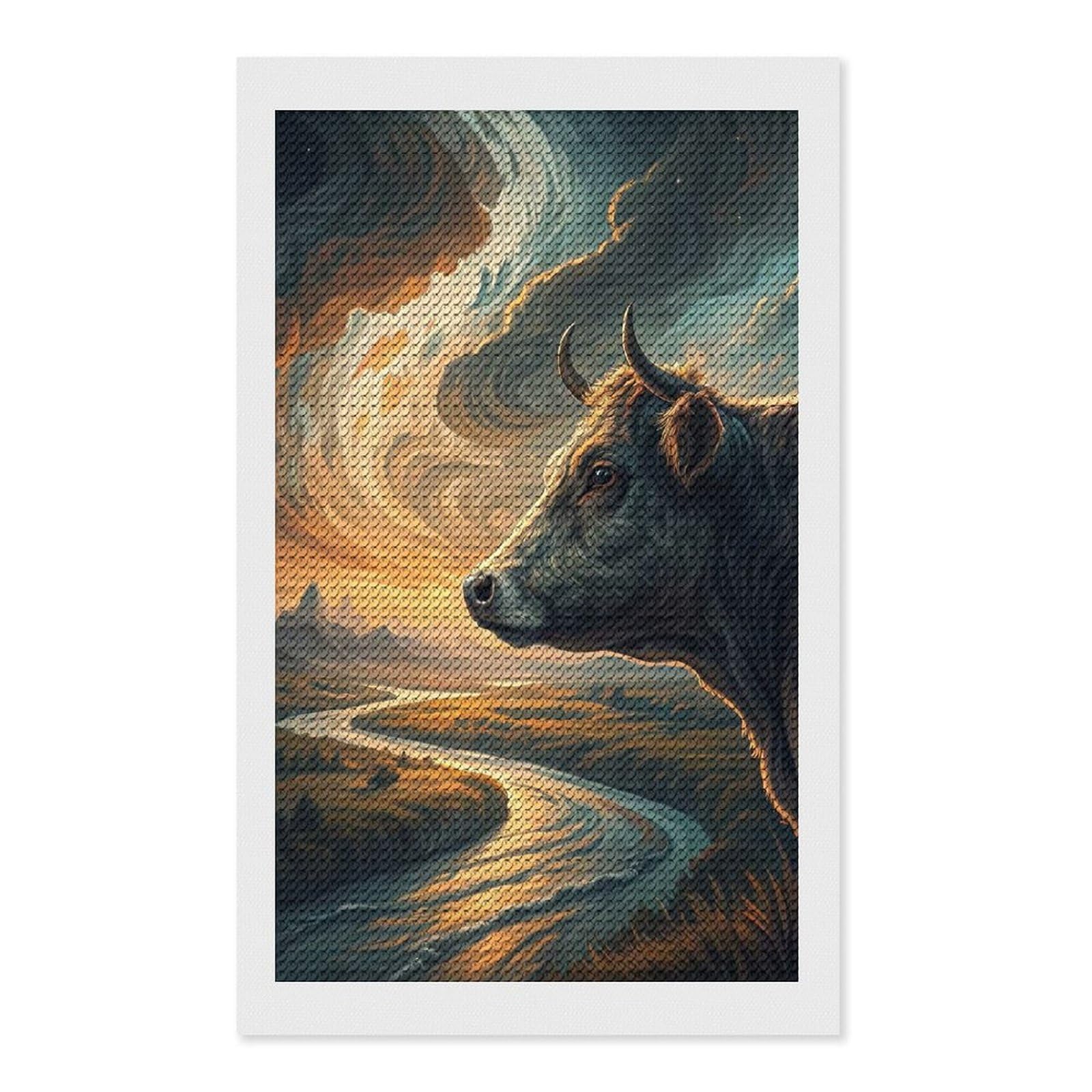 Junmoney Majestic Cow Overlooking A Winding River Diamond Art Kit 12"x20", Modern Decor, Farmhouse Decor, Home Wall Art, Festive Craft Gift, Handmade Wall Decor