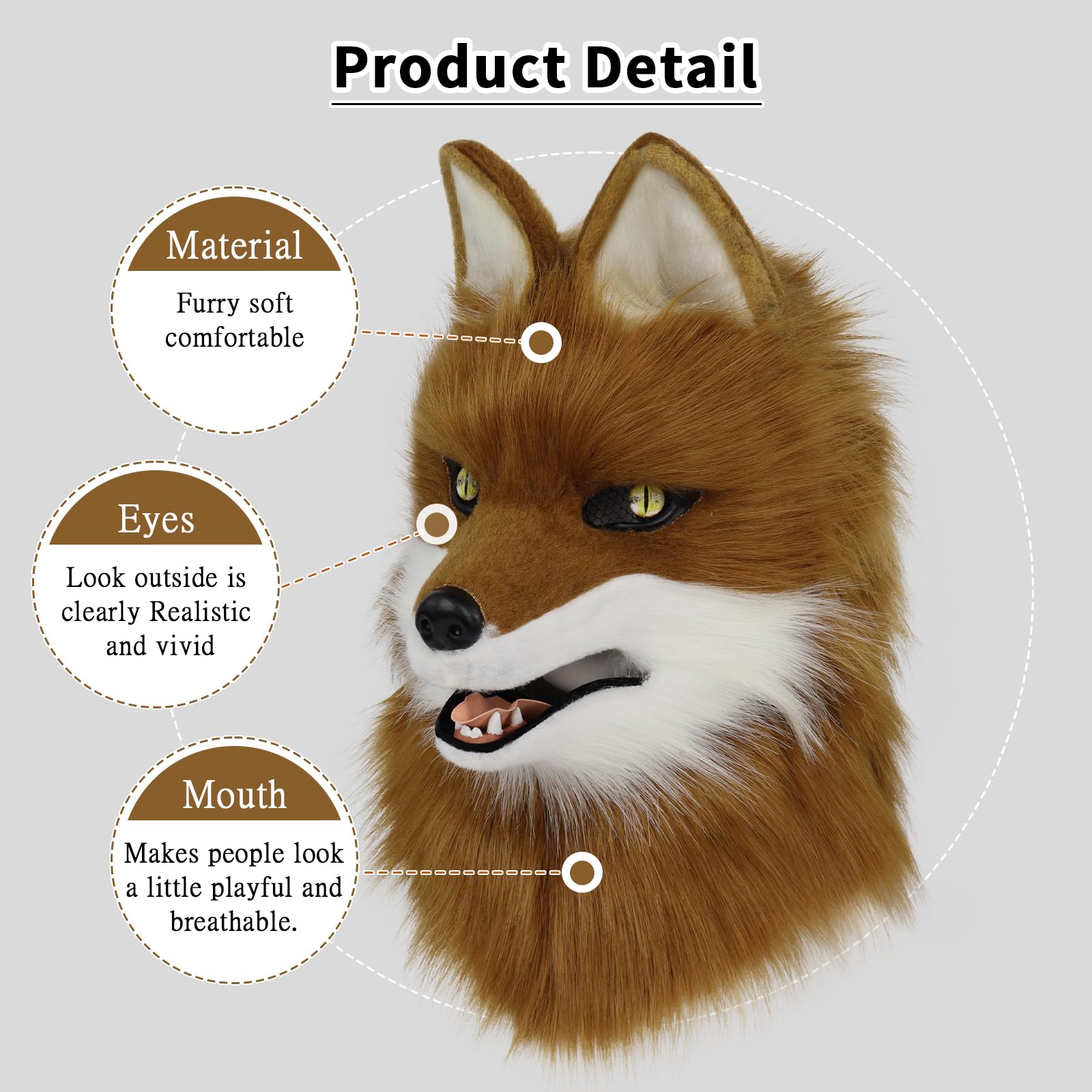 PPFINE Animal Faux Fur Wolf Dog Furry Full Head Mask Cosplay Costume Accessories for Halloween Party, Brownwhite - Image 4