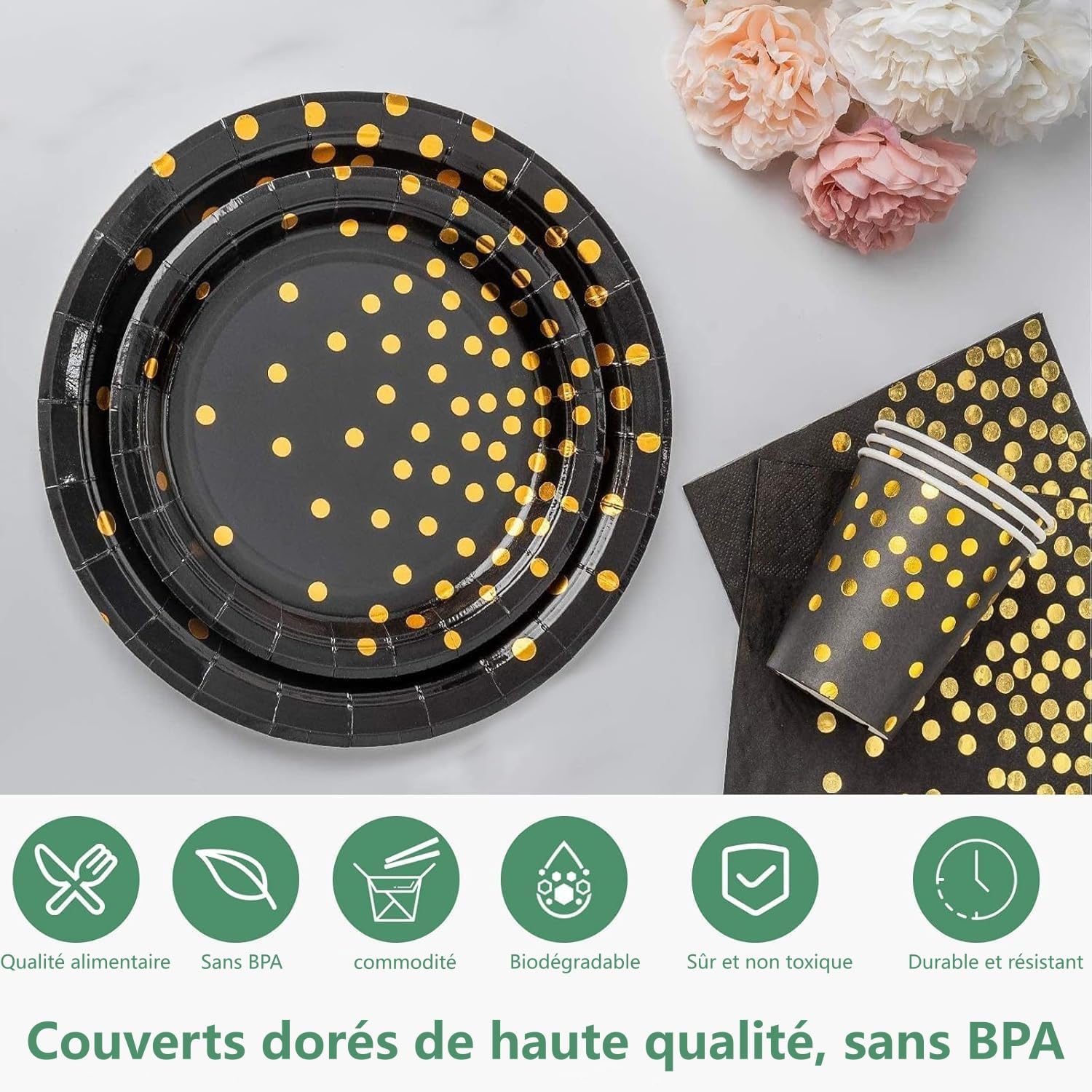 Vaisselle de fête noire et or 201 pièces, assiettes, gobelets, serviettes et nappe à pois dorés. Élégant et pratique pour anniversaire, mariage, baby shower ou toute autre célébration spéciale