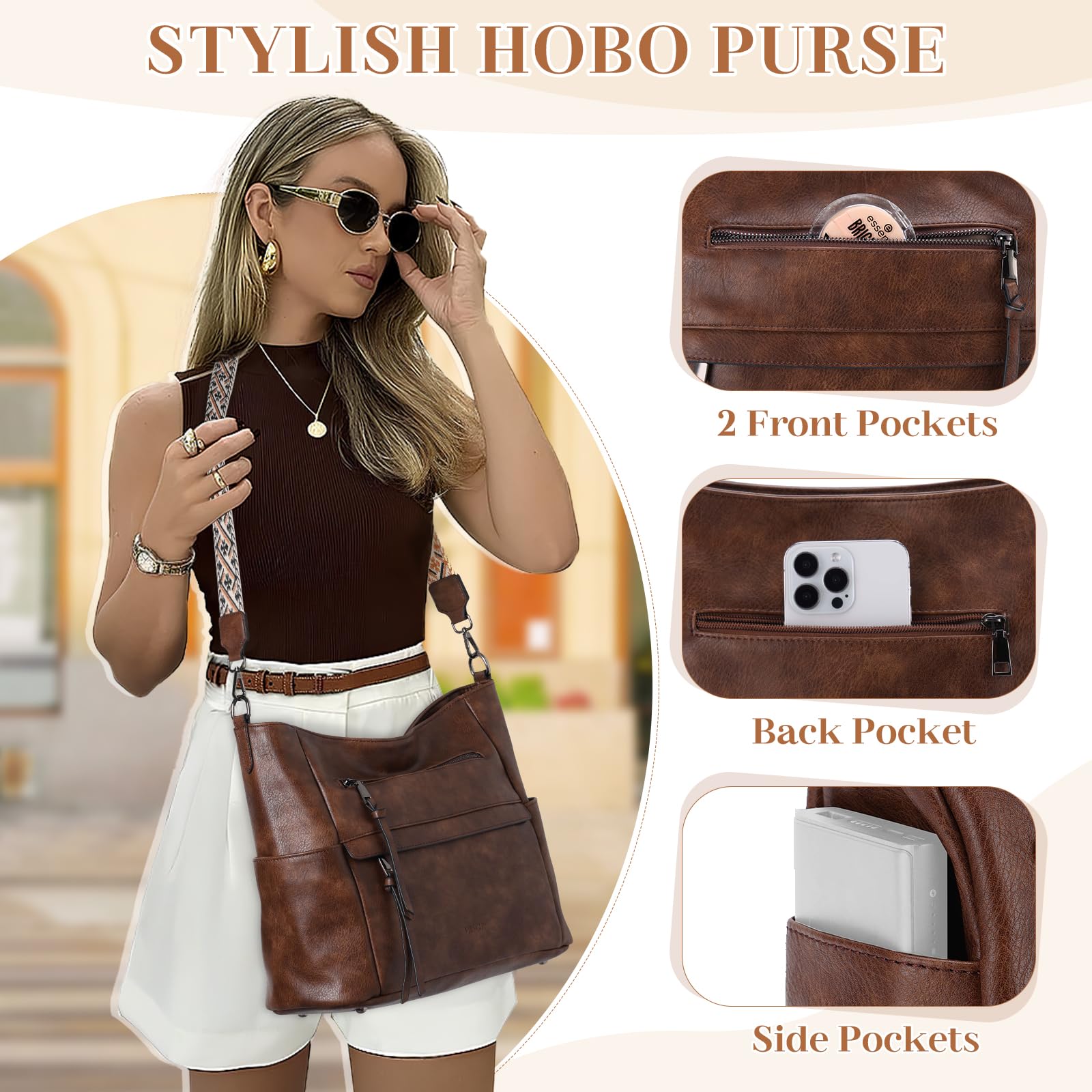 VASCHY Torba hobo dla kobiet, średnia wegańska skórzana torebka na ramię, portfel, zestaw, torba na ramię z paskiem do gitary crossbody,