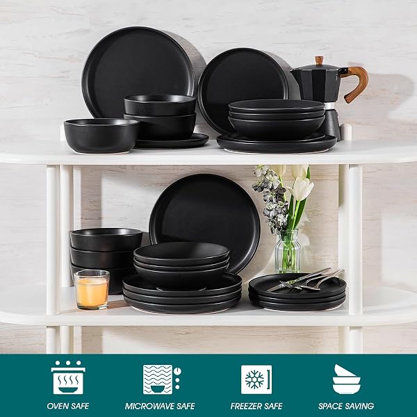 vancasso PLAYA Servizio Piatti per 6 Persone, 24 Pezzi, Set Piatti Moderni in Gres - 6 Piatti Piani, 6 da Dessert, 6 Fondi e 6 Ciotole Cereali - Adatto per Lavastoviglie e Microonde - Smalto Nero - 4