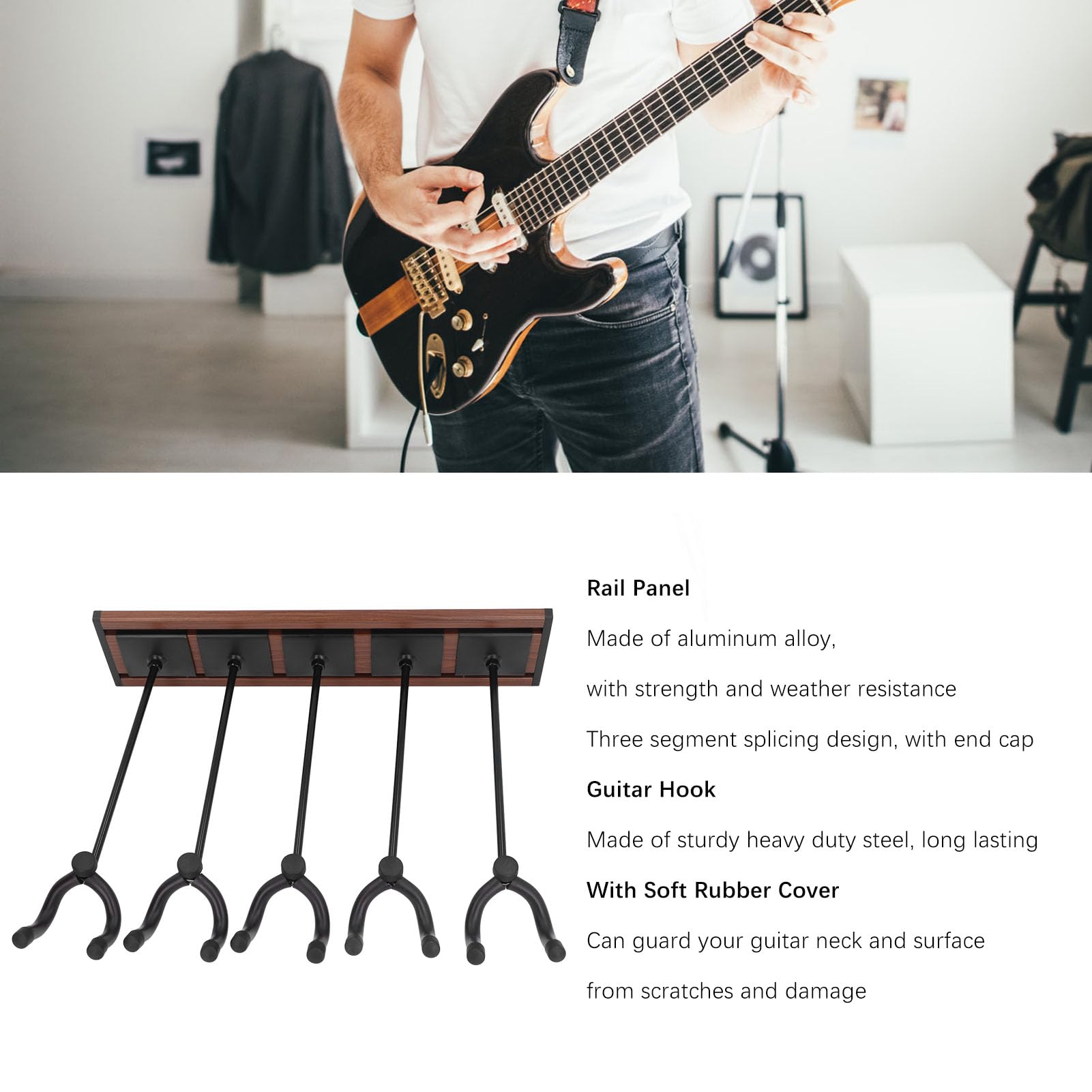 Qqmora Gancio da Parete per Chitarra in Lega di Alluminio Premium con Coperture in Gomma Morbida, Facile Montaggio per Negozi di Chitarre, Uffici (Grano di legno scuro)