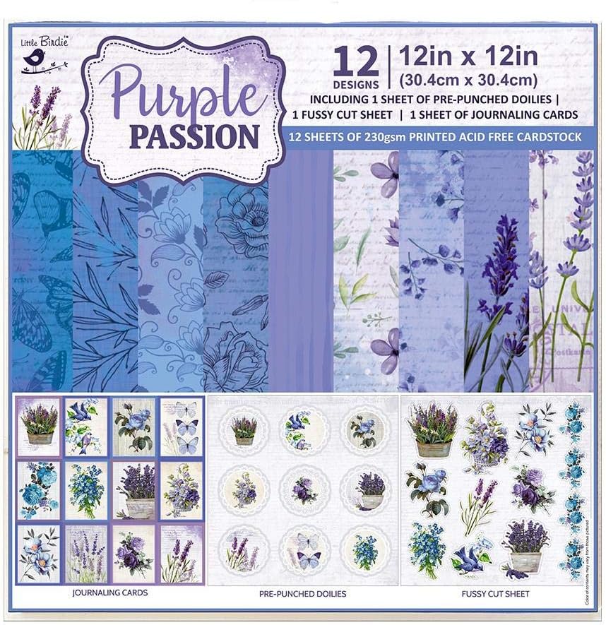 Little Birdie Paper Pack Passion Pack (Purple, 12x12 Inch, 12 Sheets, 12 Designs, 230 GSM) | Scrapbooking, Card Making & DIY Craft Paper | Single-Sided Printed Cardstock for Crafts