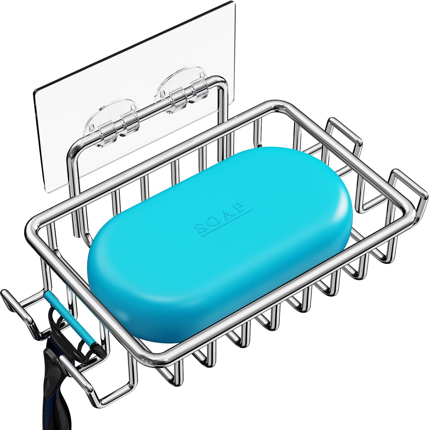 Nieifi Stainless Steel Bar Soap Holder with 4 Hooks - Adhesive No-Drill Shower Wall Mount, Rustproof Soap Dish for Bathroom, Silver