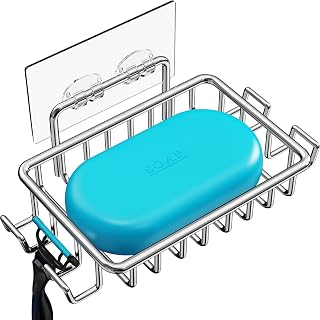 Nieifi Stainless Steel Bar Soap Holder with 4 Hooks - Adhesive No-Drill Shower Wall Mount, Rustproof Soap Dish for Bathroom, Silver