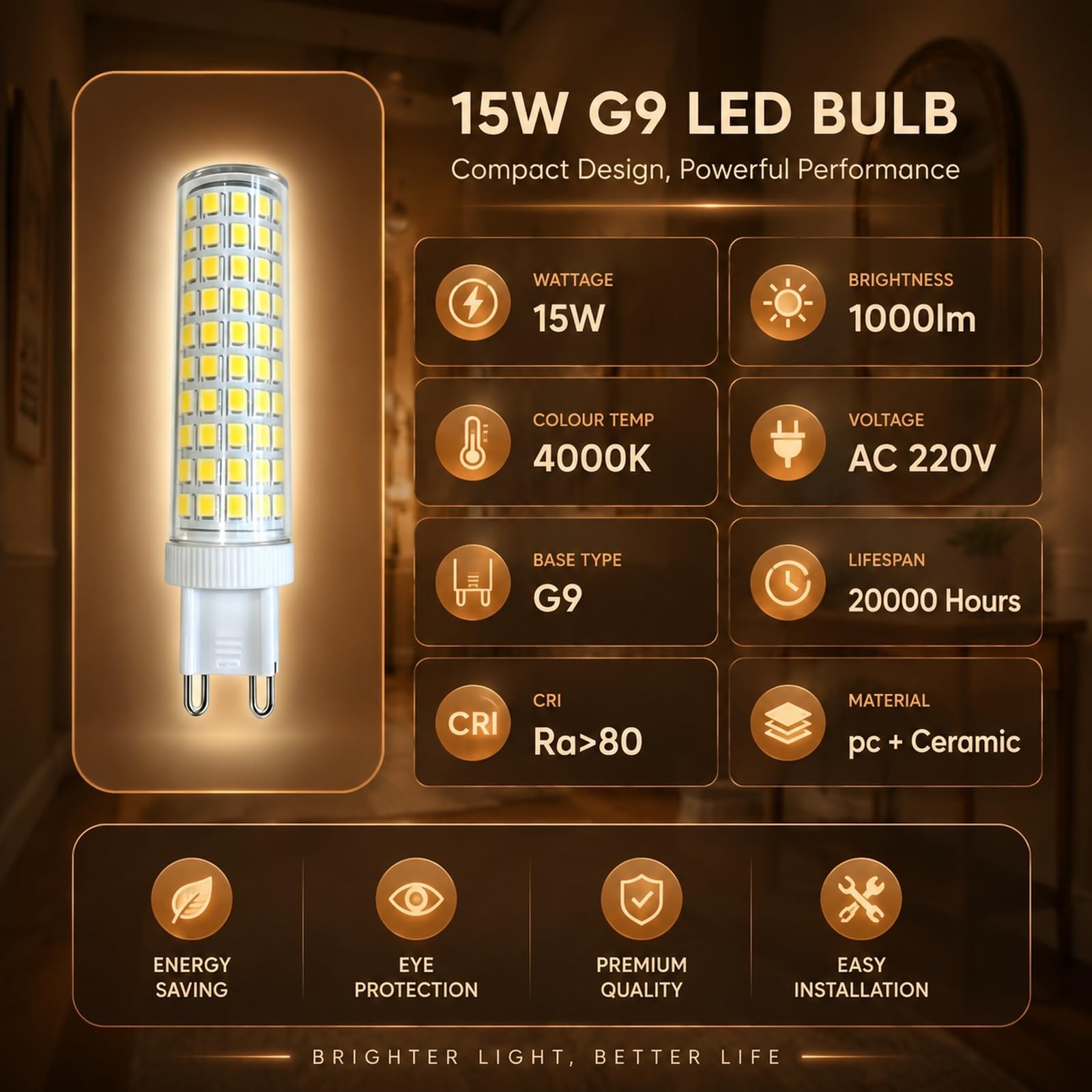 Pack de Bombillas LED G9 15W, Equivalente a 120W Halógena, 1000LM, Cerámica, Gran Ángulo 320°, Sin Parpadeo, CRI≥80+, No Regulable(Natural white 4000K,10 Pack)