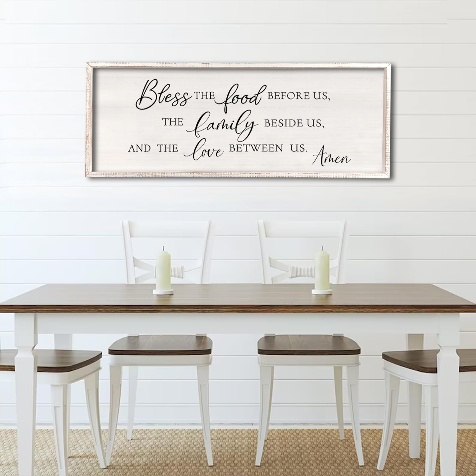 Bless the Food Before Us Wall Decor Sign 32" X 12" Dining Room Wall Decor Framed Wood for Large Farmhouse Vintage Prayer Catholic Kitchen Wall Hanging Scripture Bible Verse Art (White)